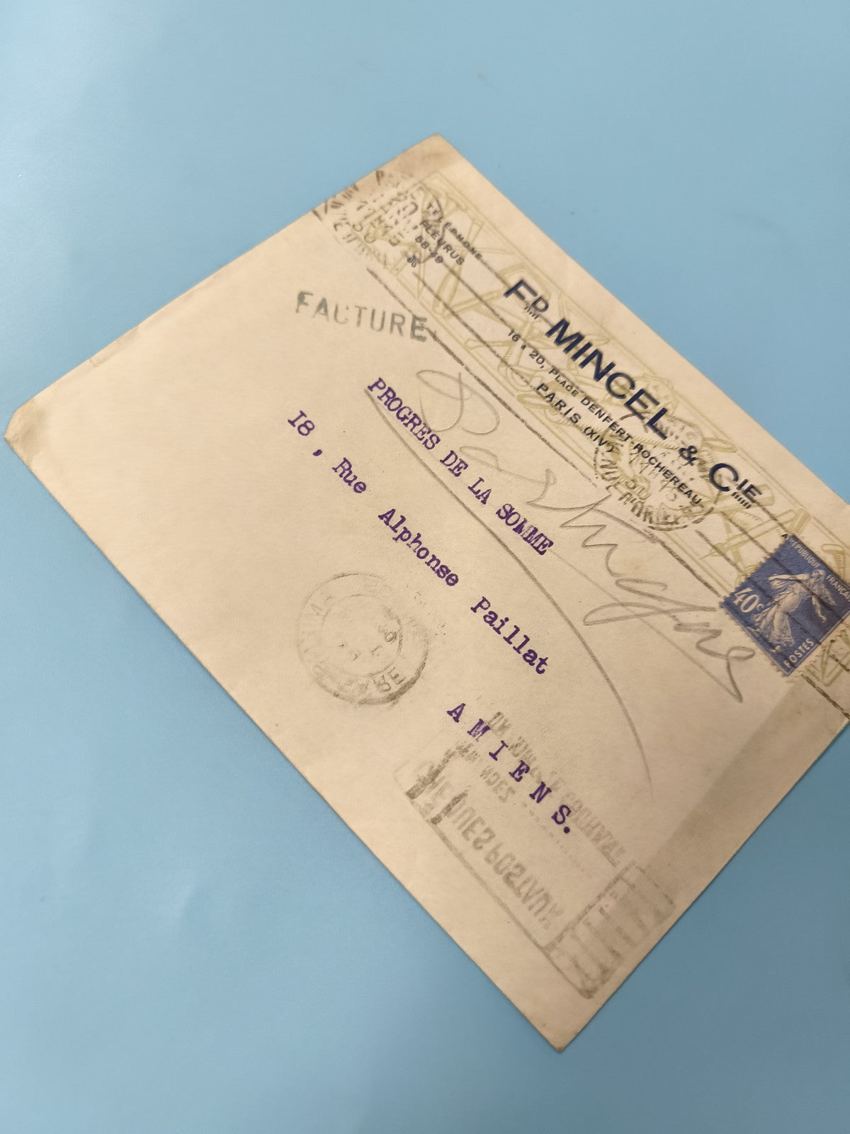 Ancienne enveloppe timbrée oblitérée F. Mincel Paris pour collection philatélie