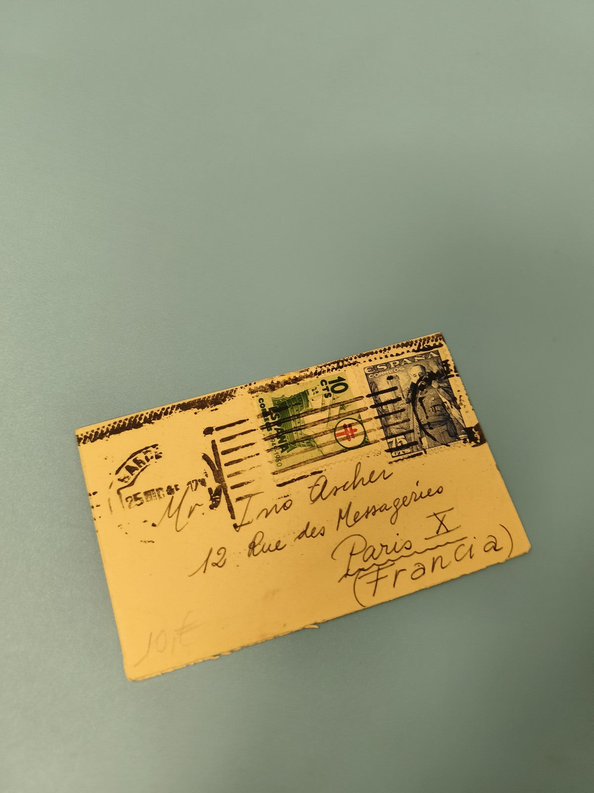 Ancienne enveloppe philatélie timbrée, écriture manuscrite, Paris, vintage
