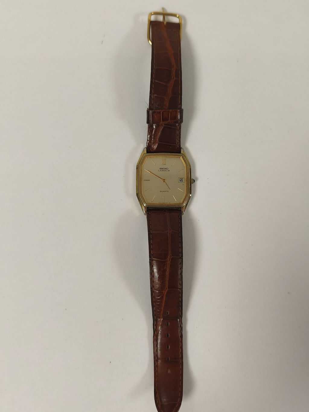 Montre homme Seiko Lassale quartz vintage boîtier doré cuir dateur fin