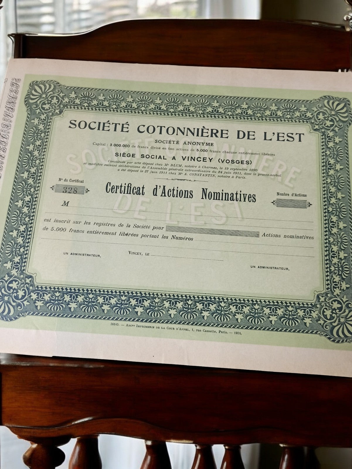Certificat d’actions nominatives Société Cotonnière de l’Est 1931 document ancie