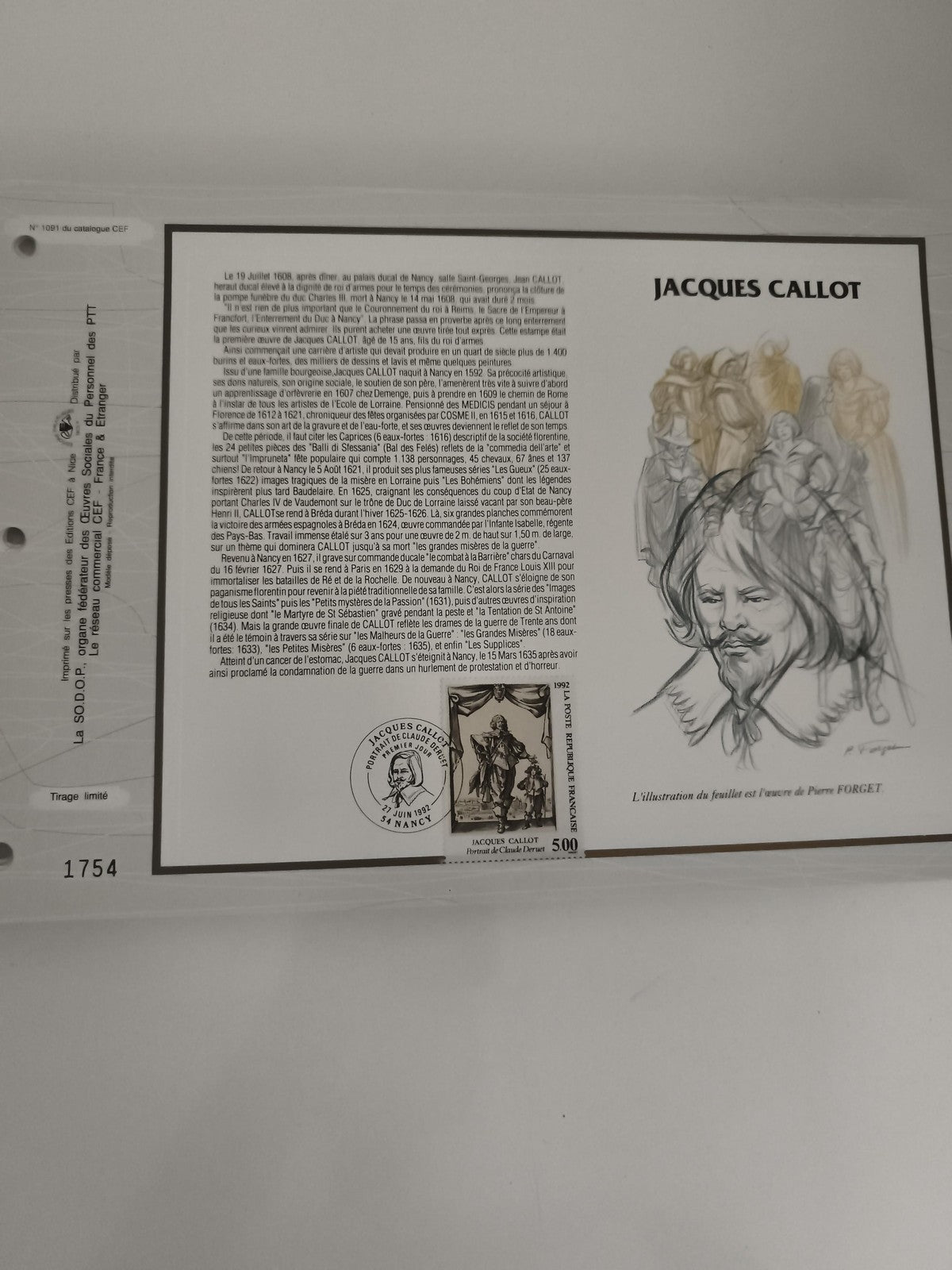 Feuillet CEF Jacques Callot timbre 500F illustration Pierre Forget tirage limité