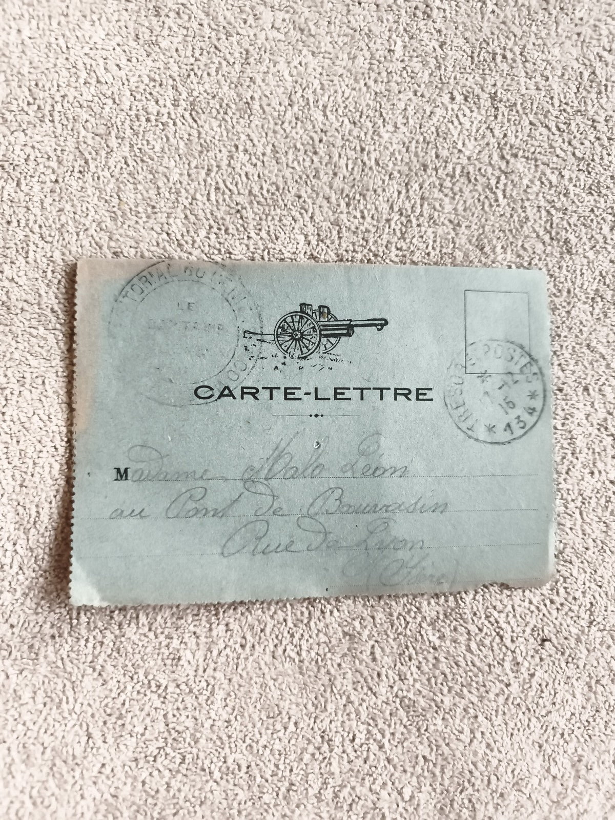 Carte-lettre ancienne militaire France 1915, illustration canon, tampon postal