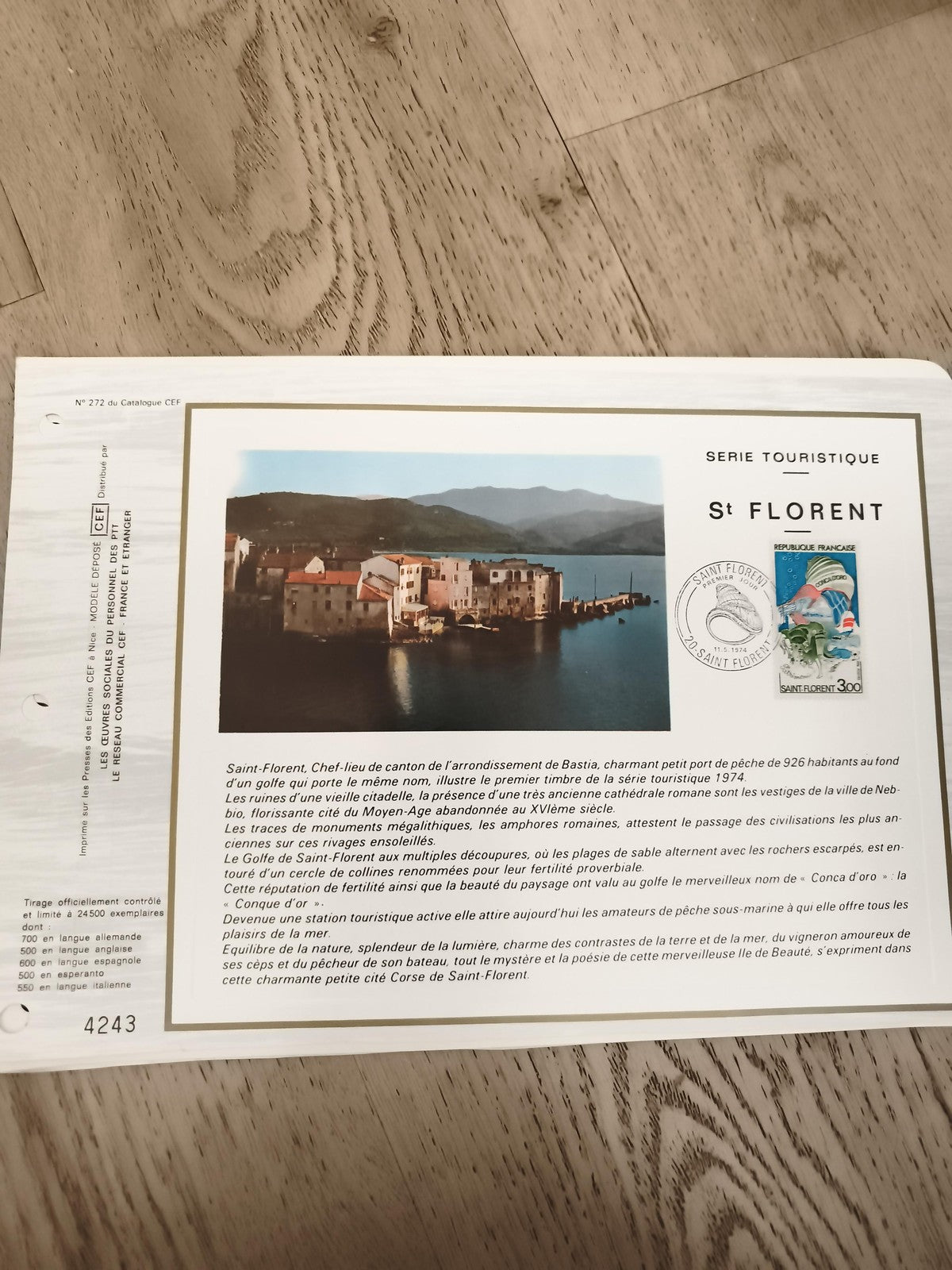 Feuillet philatélique St Florent CEF 1974 timbre oblitéré Corse série touristiqu