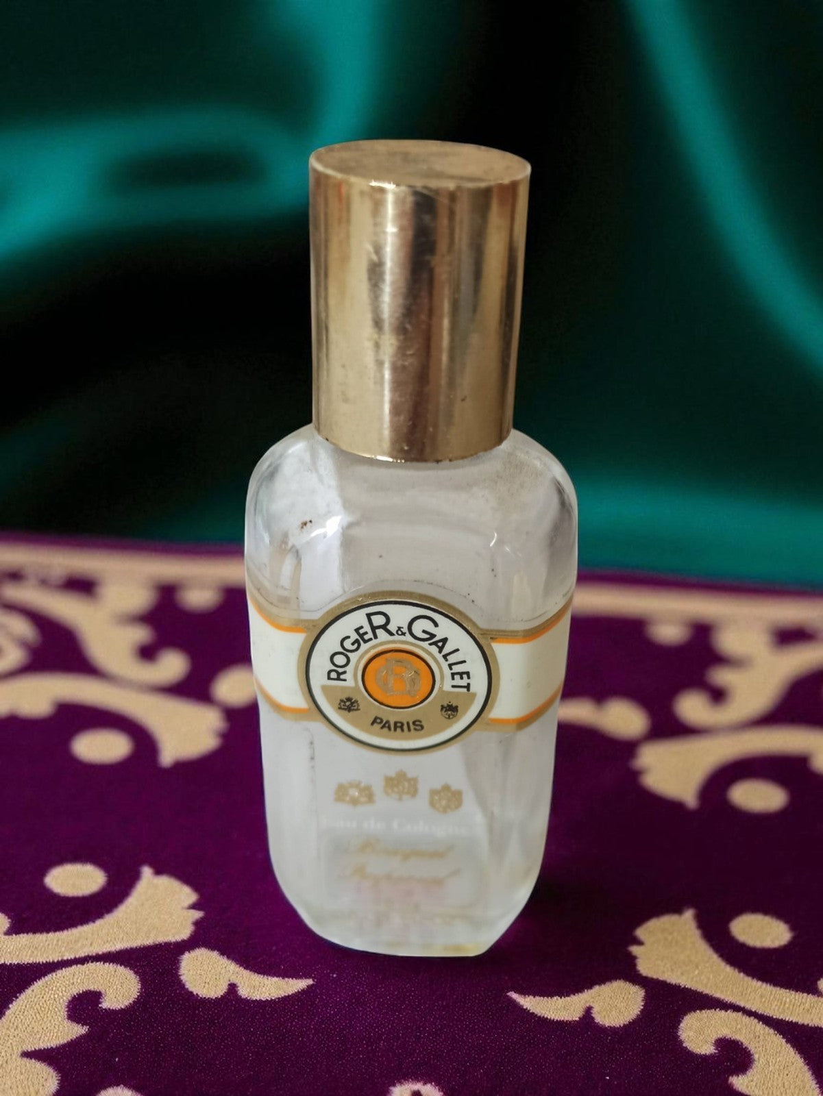 Flacon parfum ancien Roger & Gallet Paris verre soufflé bouchon doré vintage