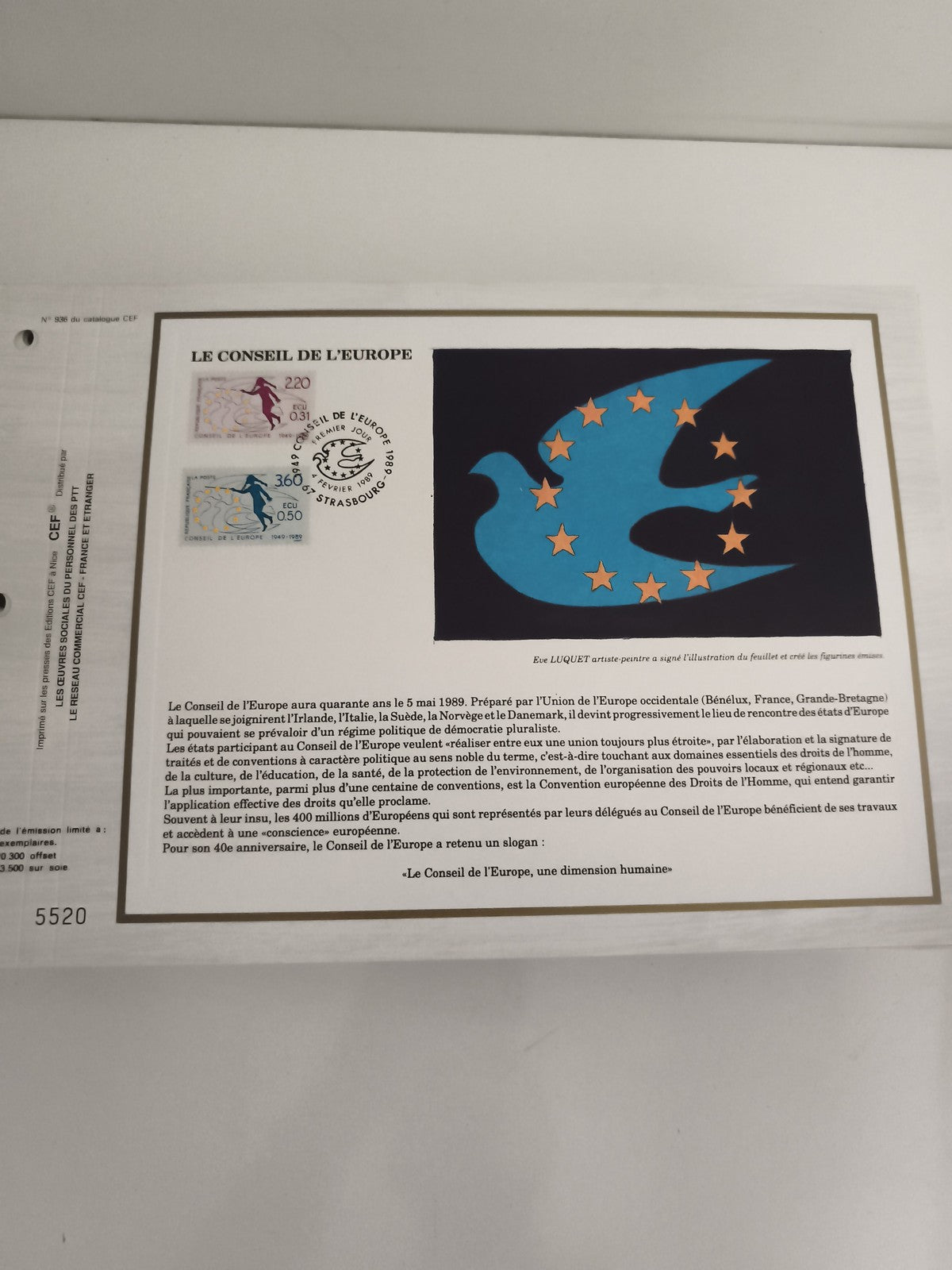 Feuillet CEF Conseil de l'Europe 1989, timbres oblitérés, oiseau bleu, philatéli