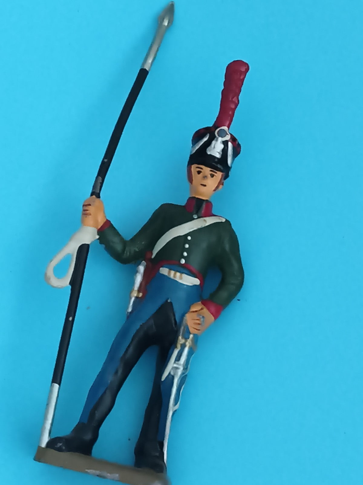 Figurine soldat plomb ancien uniforme empire lancier vert bleu vintage