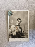 Carte photo Anniversaire homme fleurs timbre CPA début XXe France