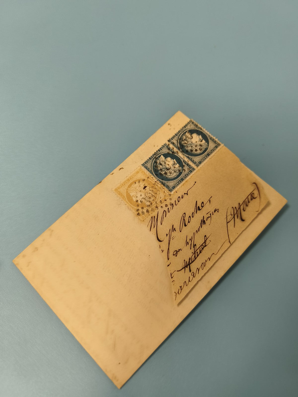 Ancienne enveloppe philatélie timbrée, écriture manuscrite, collection