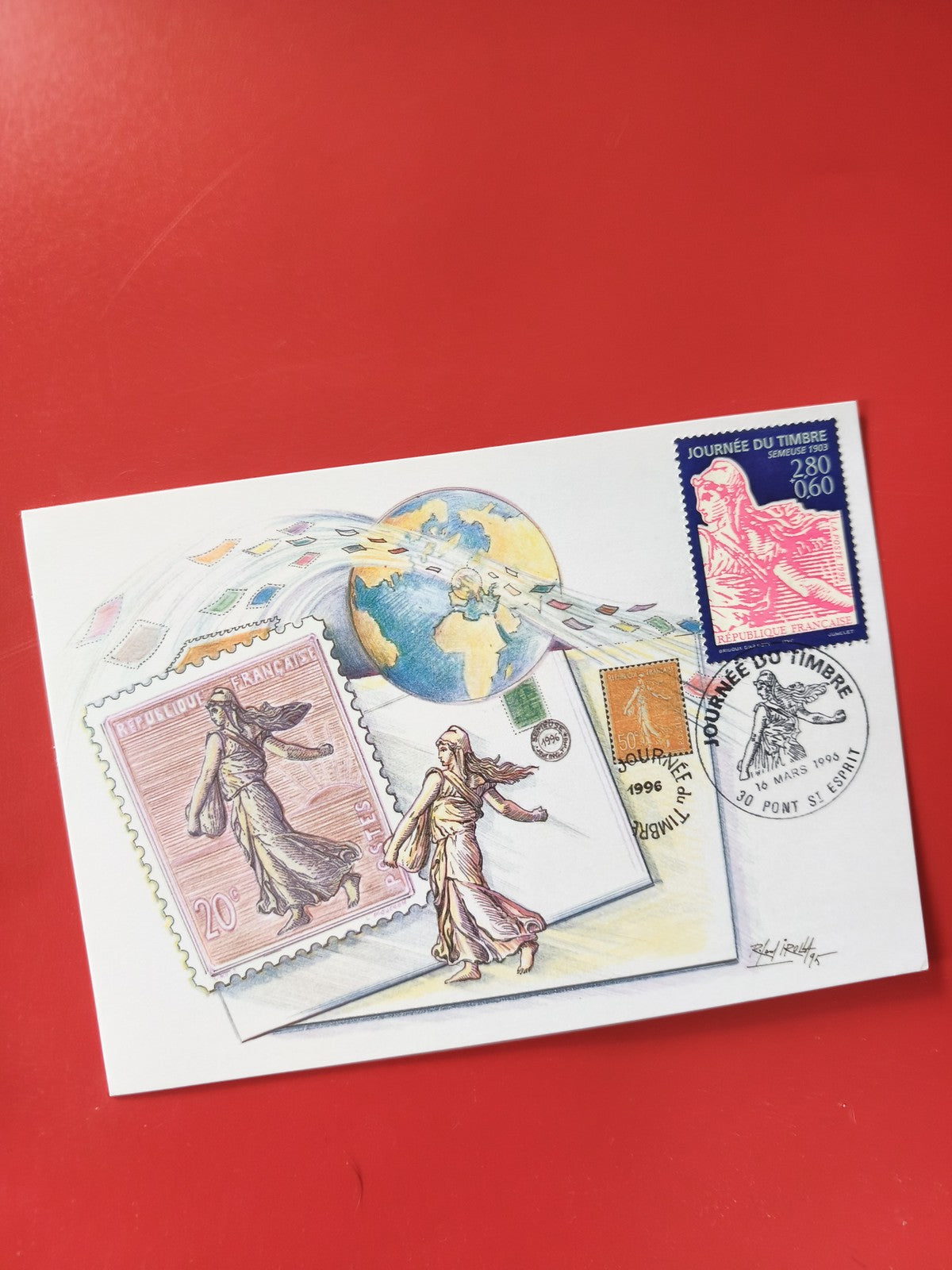 Carte postale philatélie illustrée Journée du Timbre Semeuse 1995 oblitérée