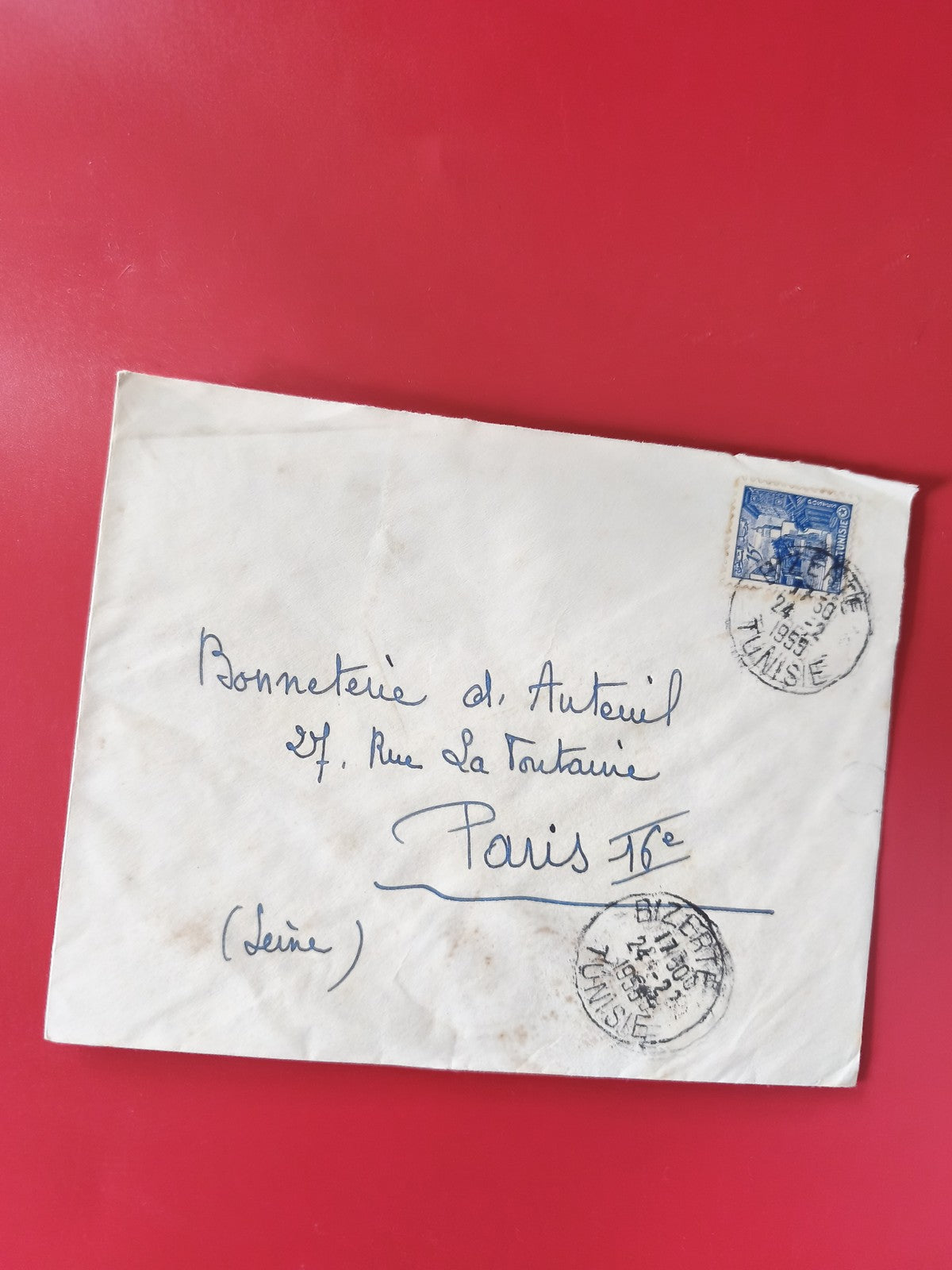 Enveloppe philatélie timbrée Tunisie, cachets Bizerte, manuscrite Paris