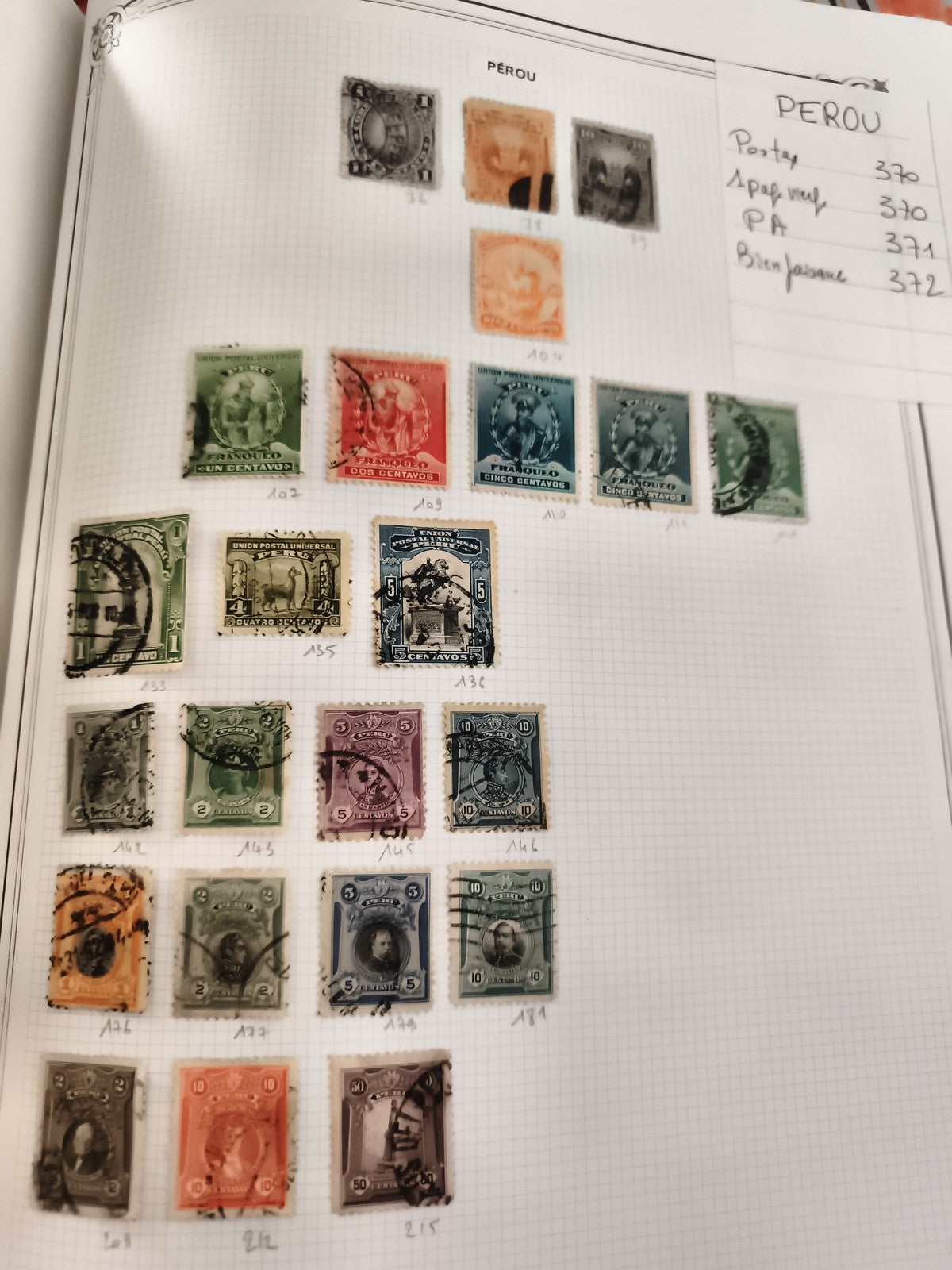 Timbres anciens Pérou oblitérés x20 philatélie variétés couleurs vintage