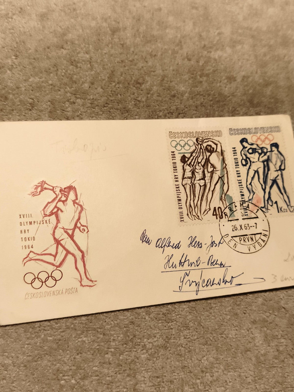 Lettre premier jour Tchécoslovaquie JO Tokyo 1964, timbres sportifs, olympique