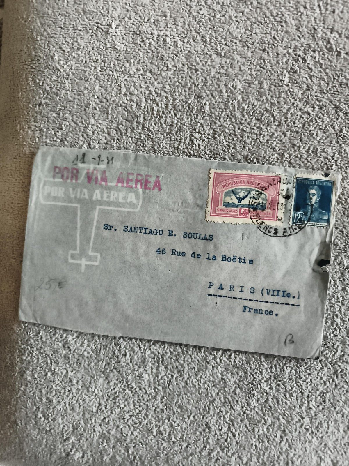 Lettre aérienne Argentine 1951 timbres avion Paris philatélie courrier postal