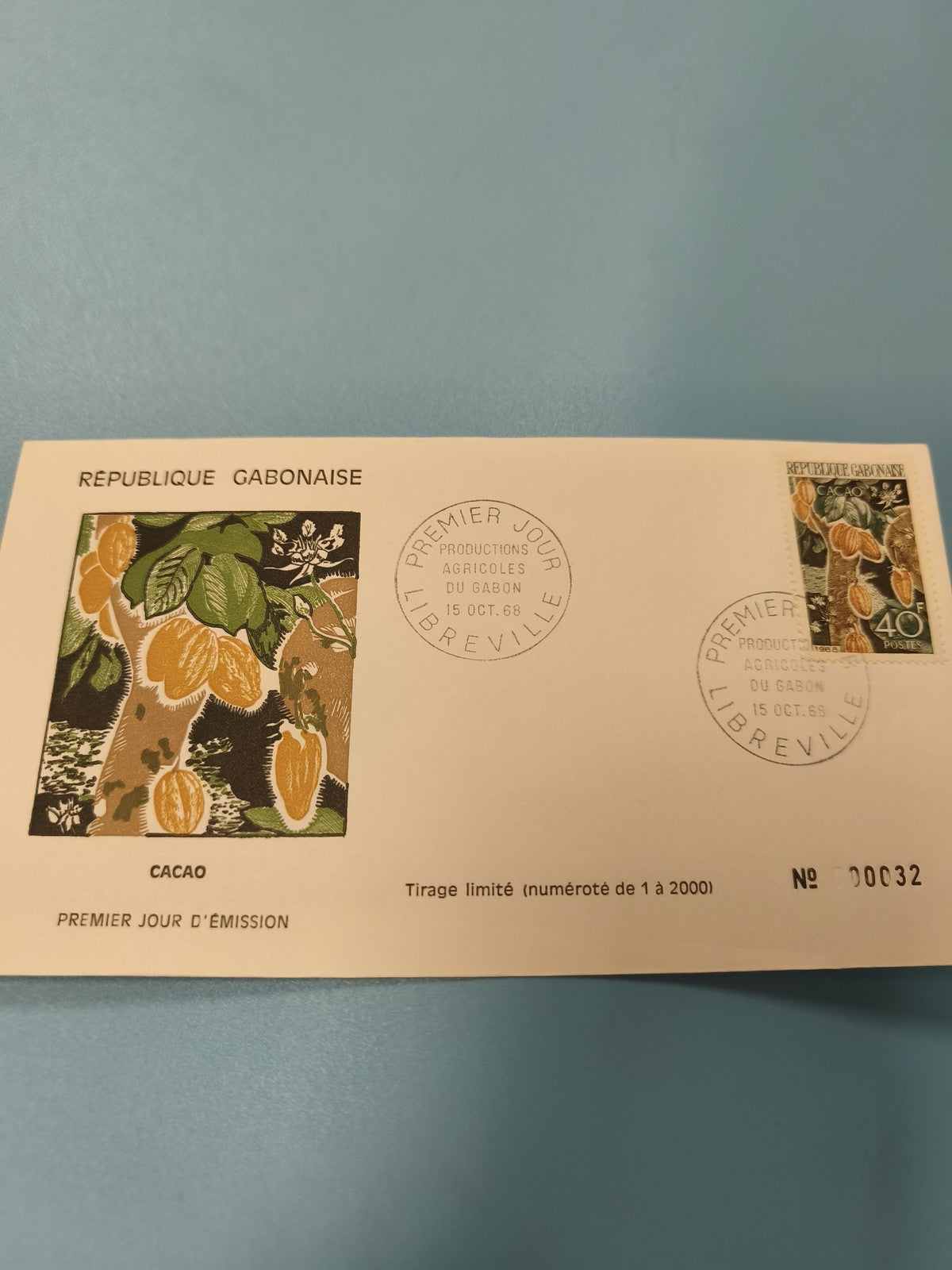 Enveloppe FDC Gabon cacao 1968 timbre 40F Premier Jour d?Émission n°32