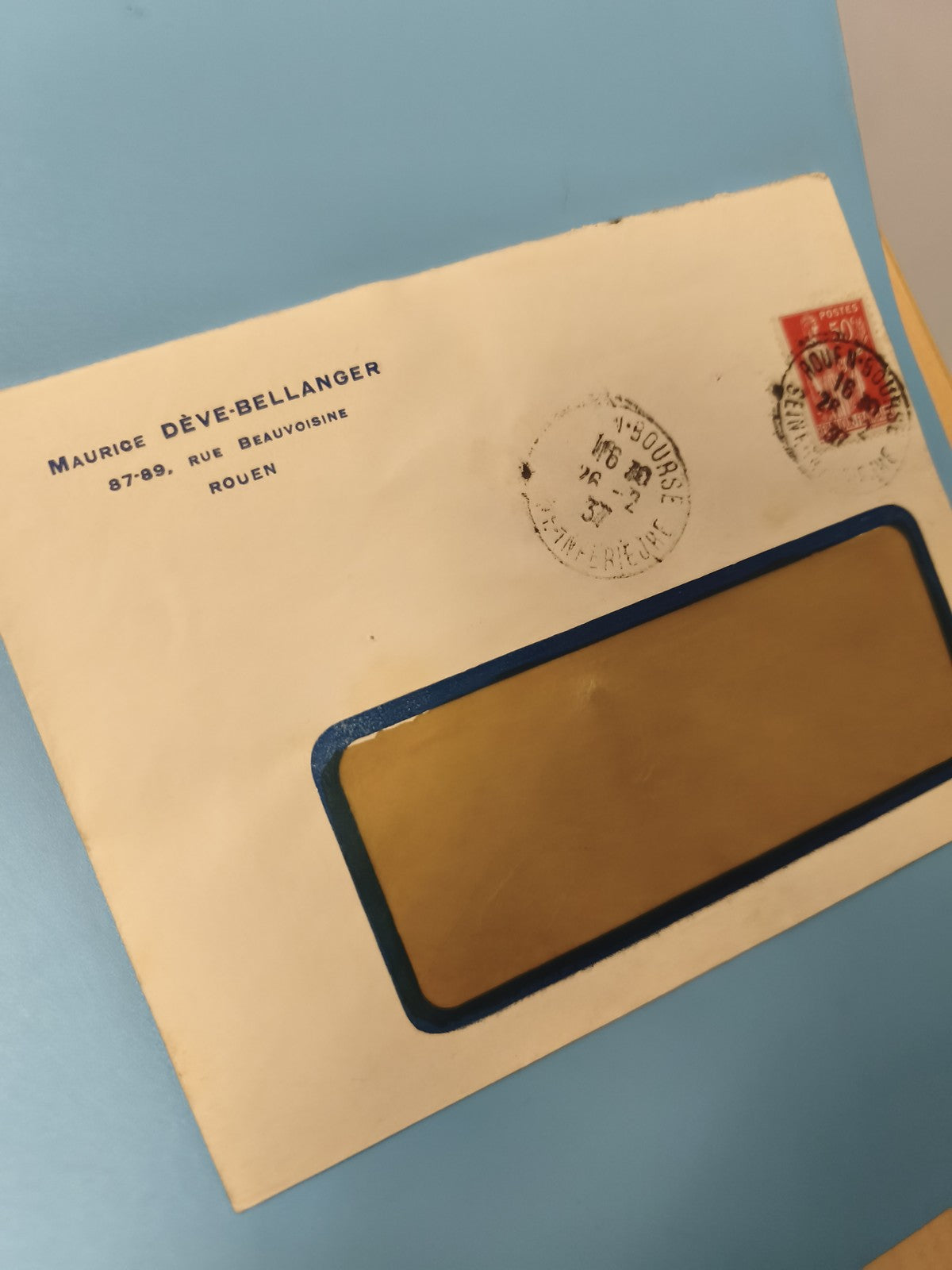 Ancienne enveloppe oblitérée début XXe, fenêtre jaune, Rouen, philatélie