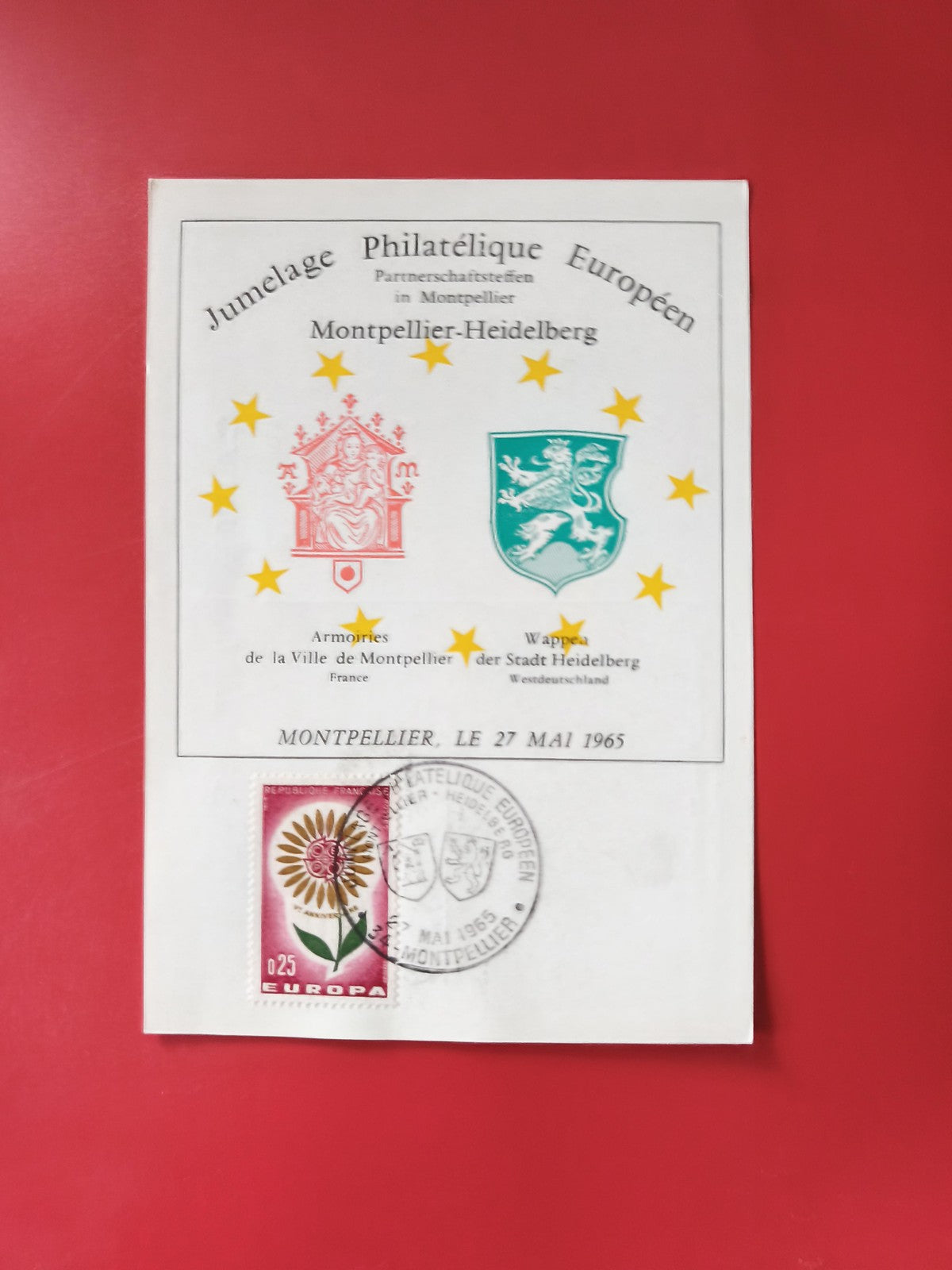 Carte postale philatélie Montpellier Heidelberg timbre Europa 1965 jumelage