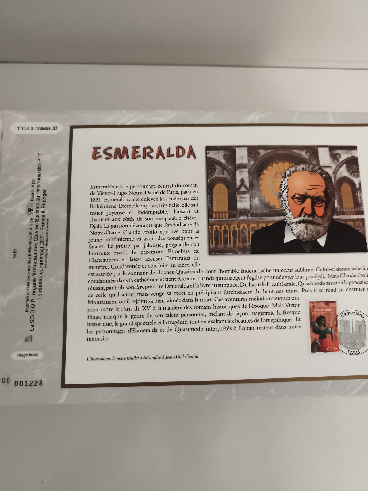Feuillet philatélique CEF Esmeralda Victor Hugo Notre-Dame Paris timbre