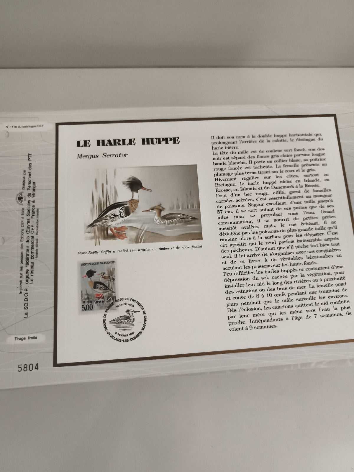 Feuillet philatélique CEF Le Harle Huppé timbre 500F oiseau France