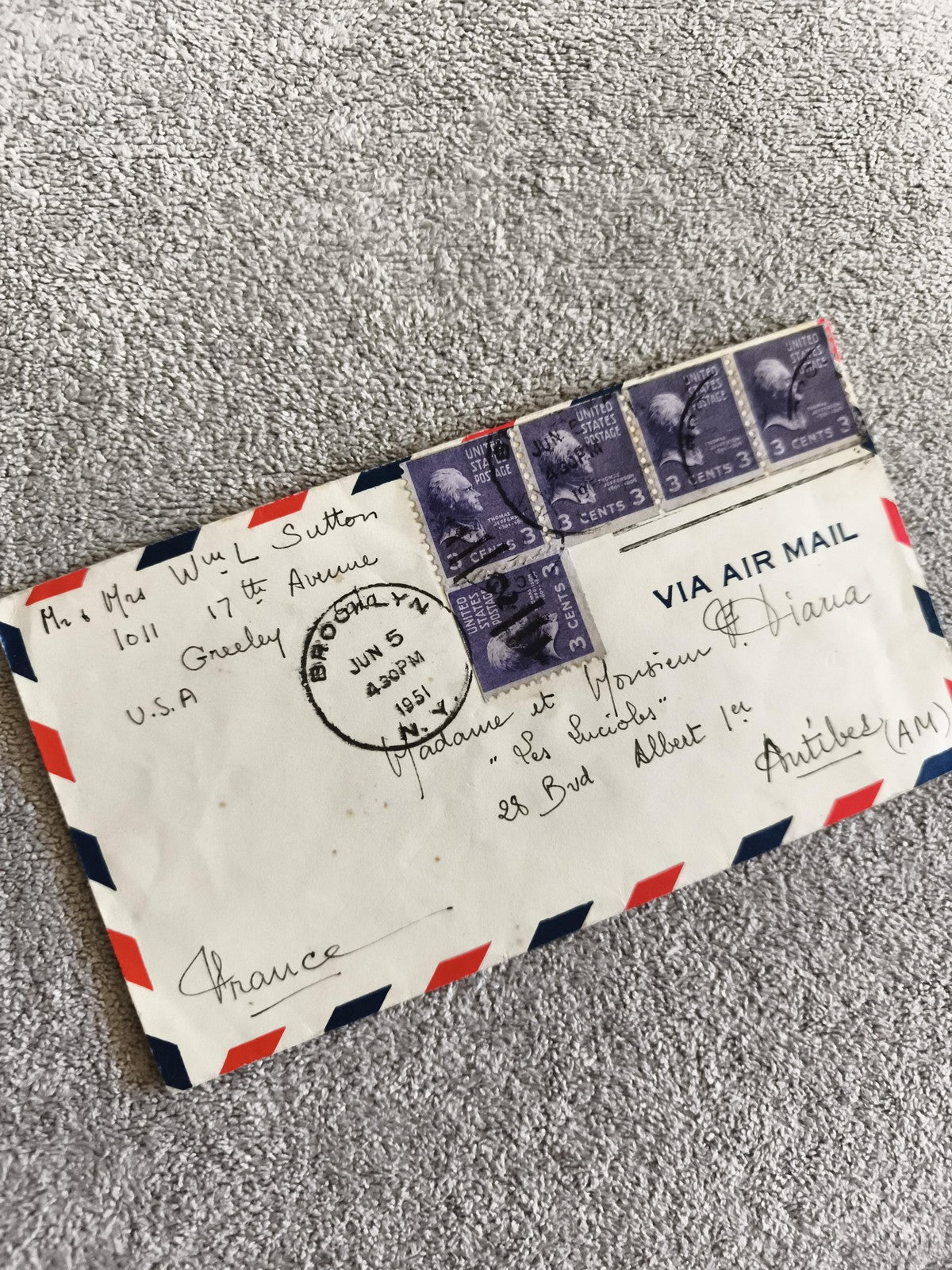 Lettre avion USA France 1951 timbres 3 cents aigle philatélie Air Mail