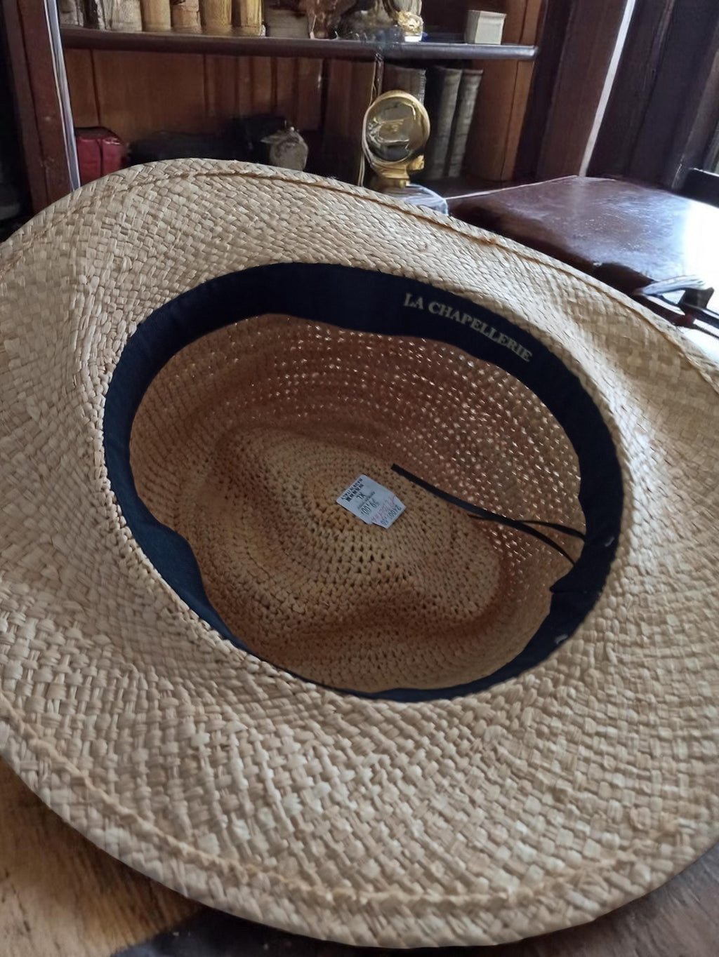 Chapeau homme vintage paille tressée La Chapellerie neuf ruban motif rétro