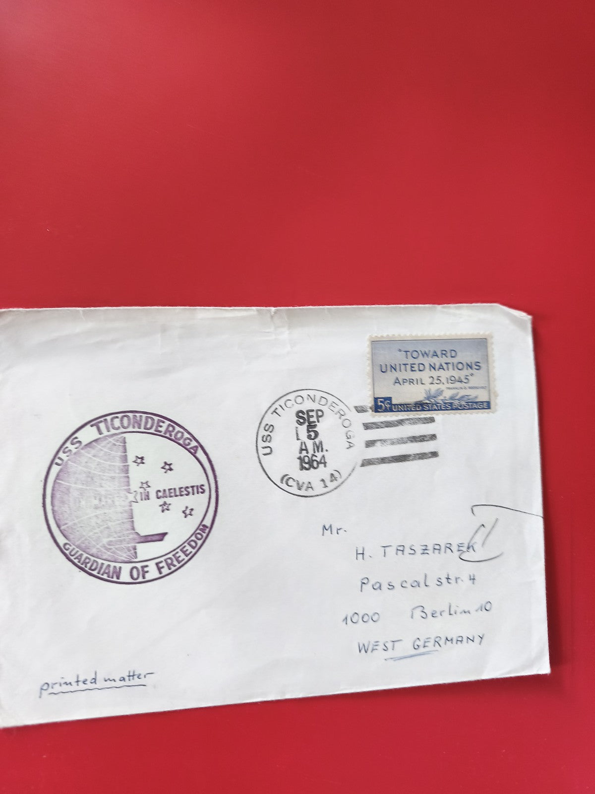 Enveloppe philatélie USS Ticonderoga 1964 cachets maritimes timbre USA