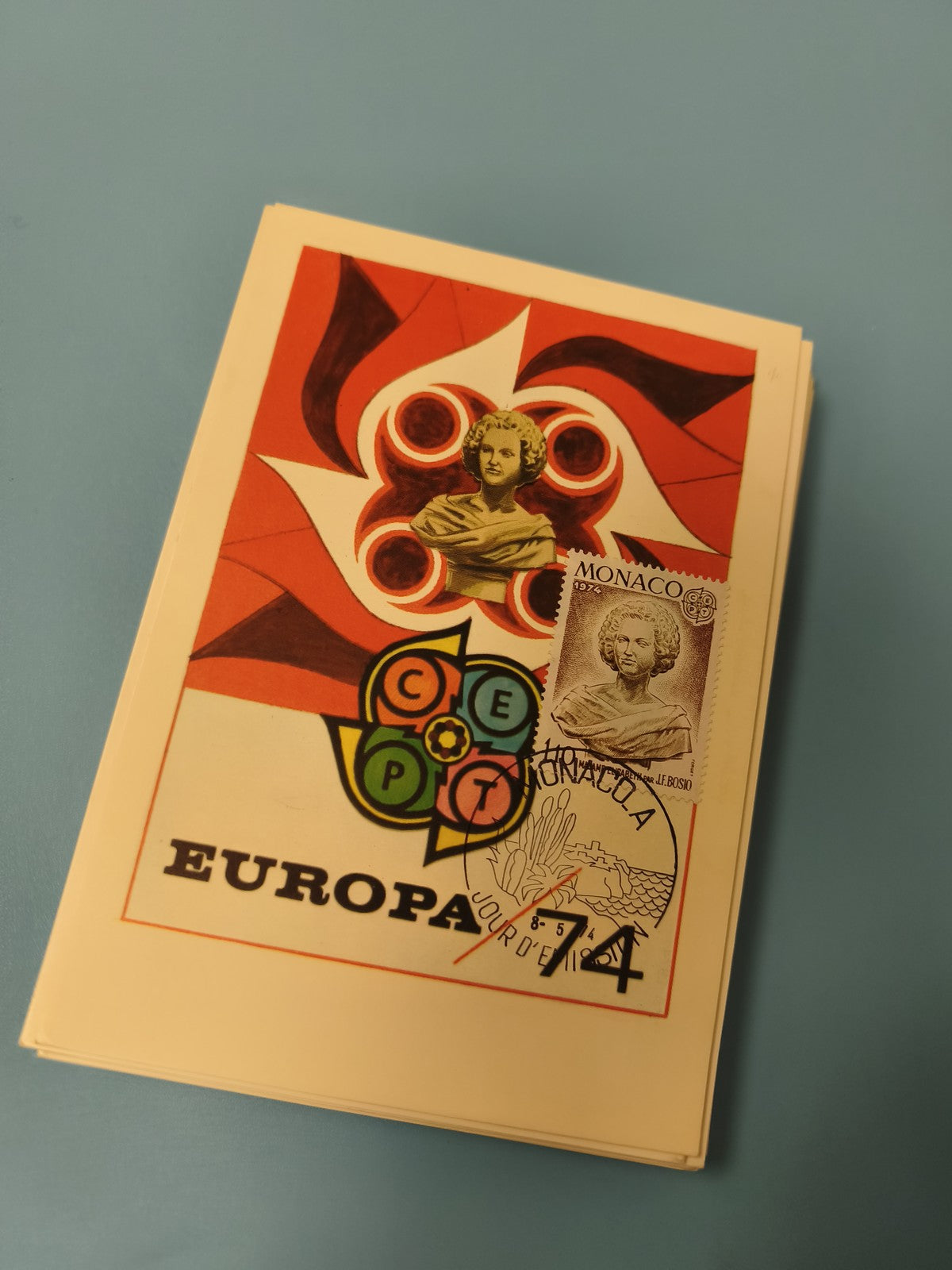 Carte postale Monaco Europa CEPT 1974, timbre oblitéré, illustration rouge