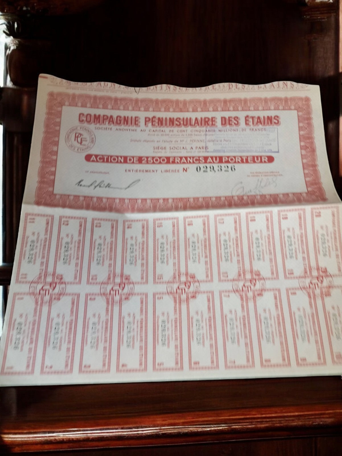 Action au porteur Compagnie Péninsulaire des Étain 1920s document financier vint