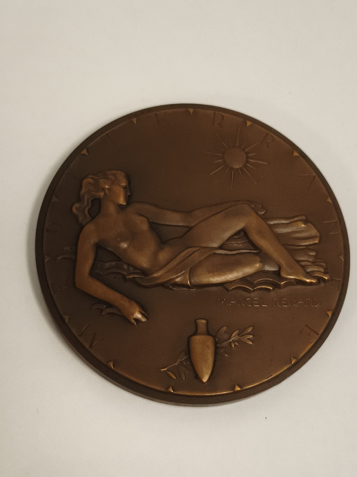 Médaille ancienne Méditerranée Marcel Renard bronze patiné art déco