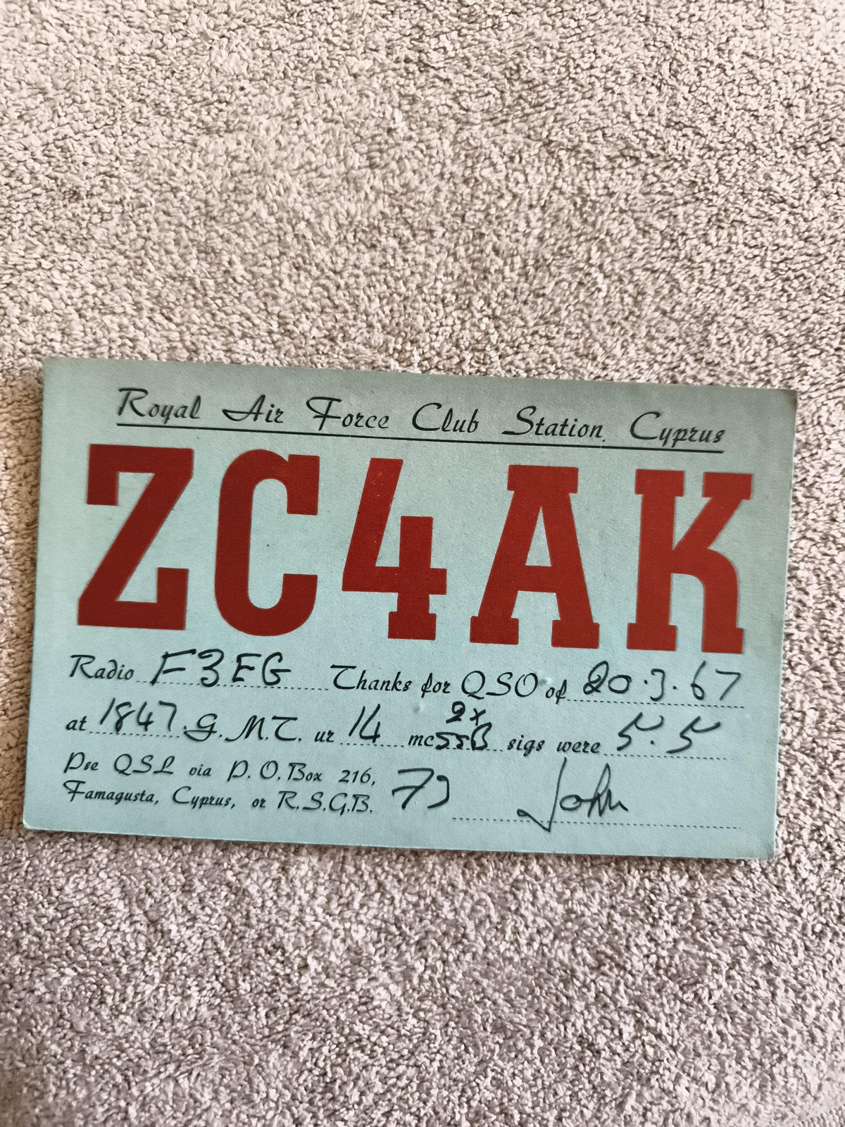 Carte QSL radio ZC4AK Royal Air Force Club Chypre 1967 ancienne QSO vintage