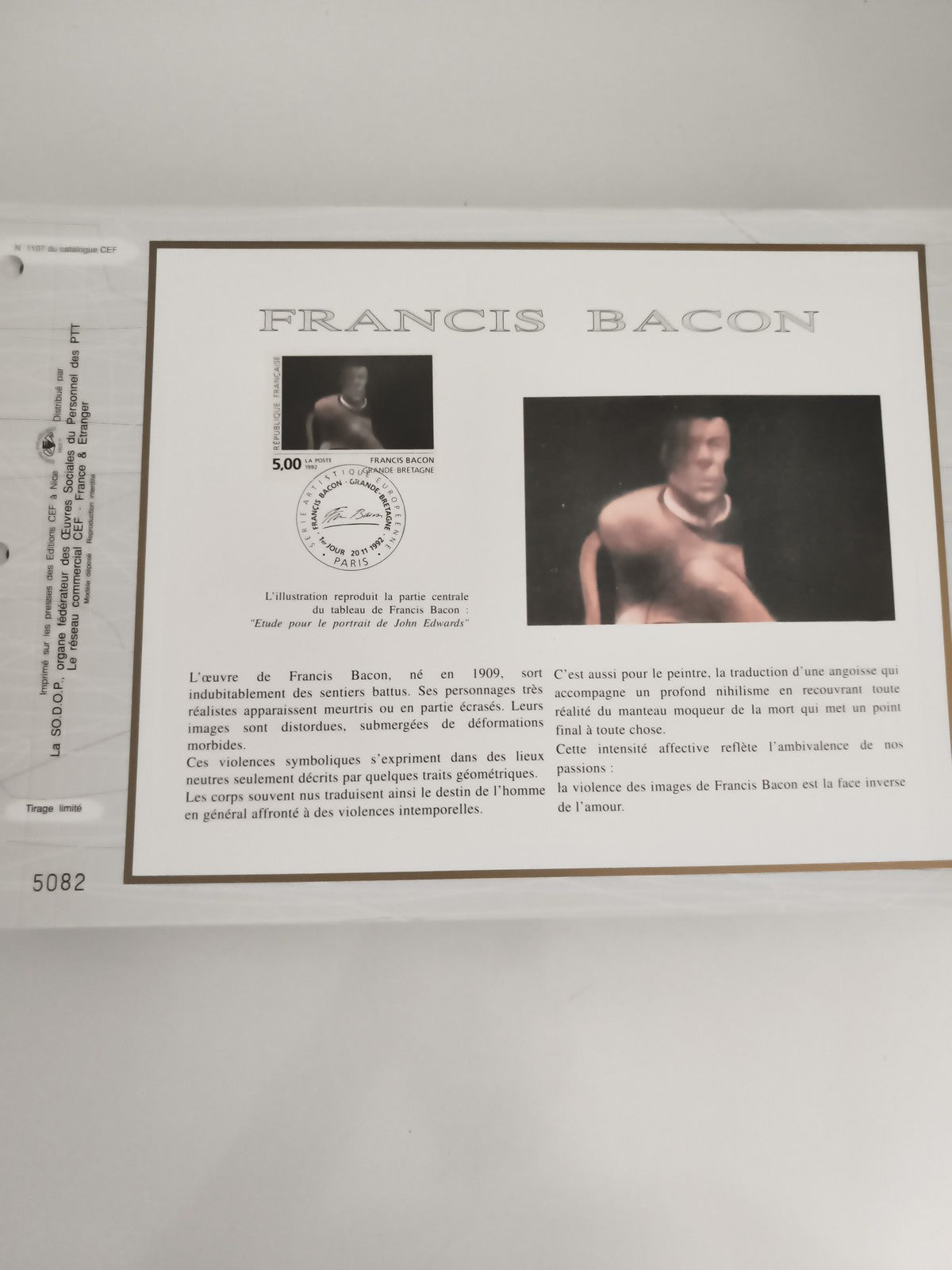 Feuillet philatélique CEF Francis Bacon 5082 timbre oblitéré illustration
