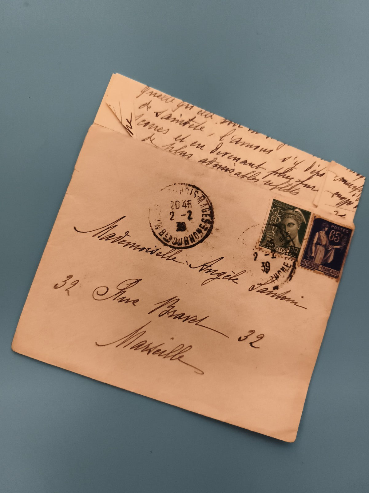 Lettre ancienne timbrée France 1939, cachet Marseille, philatélie (Ref 3)