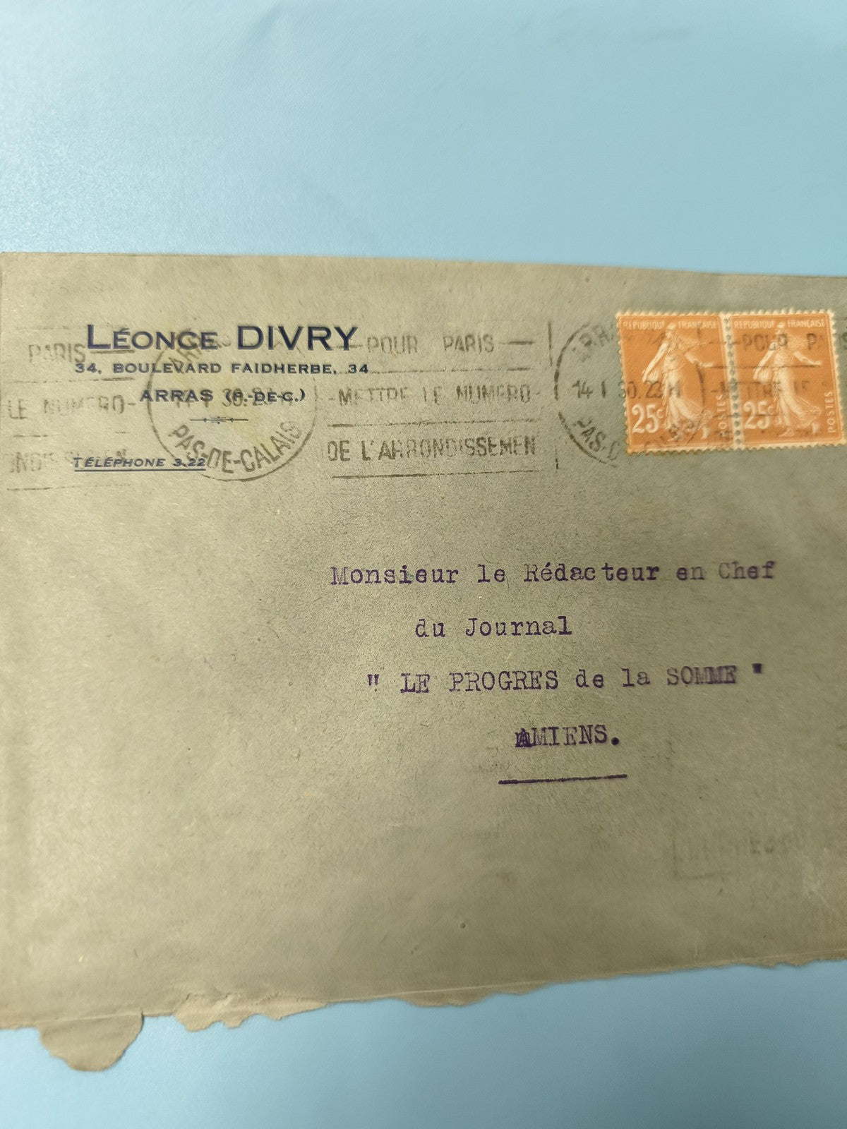 Ancienne enveloppe oblitérée début XXe philatélie Arras Amiens 2 timbres orange