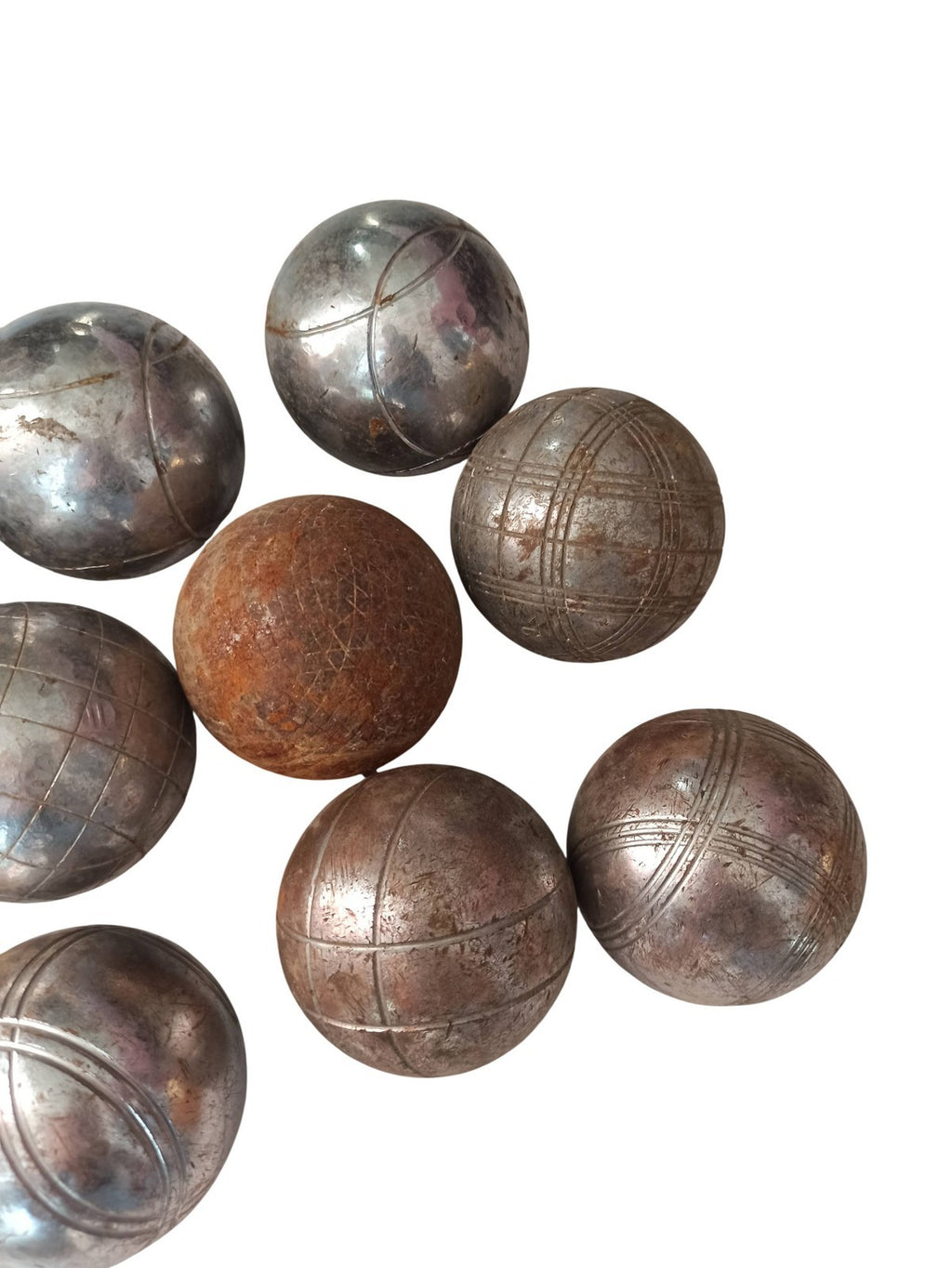 Boules de pétanque anciennes vintage lot 13 pièces, gravure, aspect métal rétro
