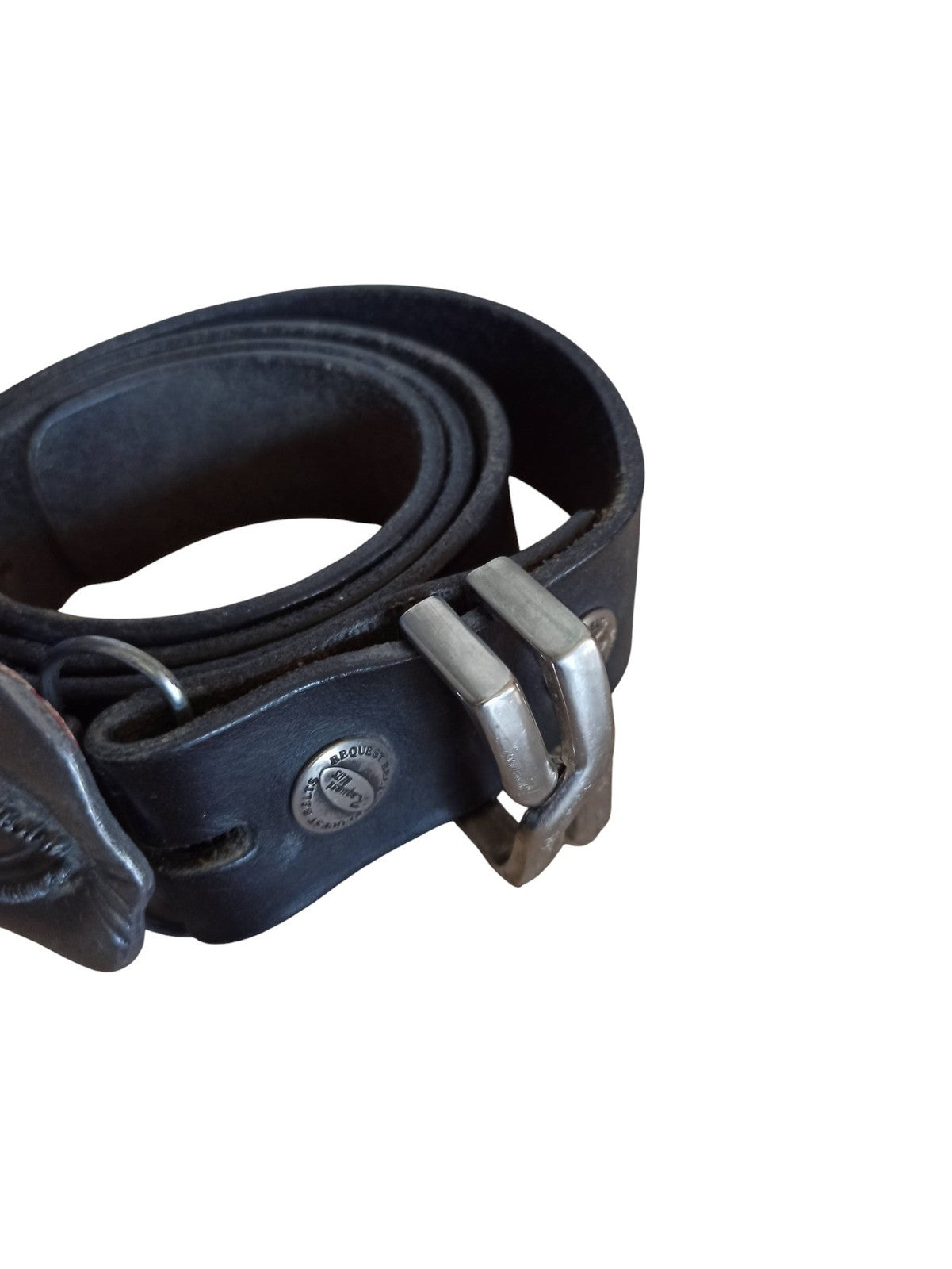 Ceinture vintage homme Request cuir noir, boucle œil rétro original