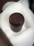 Petite boîte à bijoux vintage cuir brun, coffret ancien rond, rétro déco