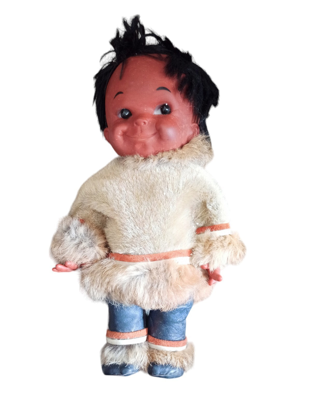 Poupée Eskimo vintage en fourrure véritable, visage vinyle, années 60-70
