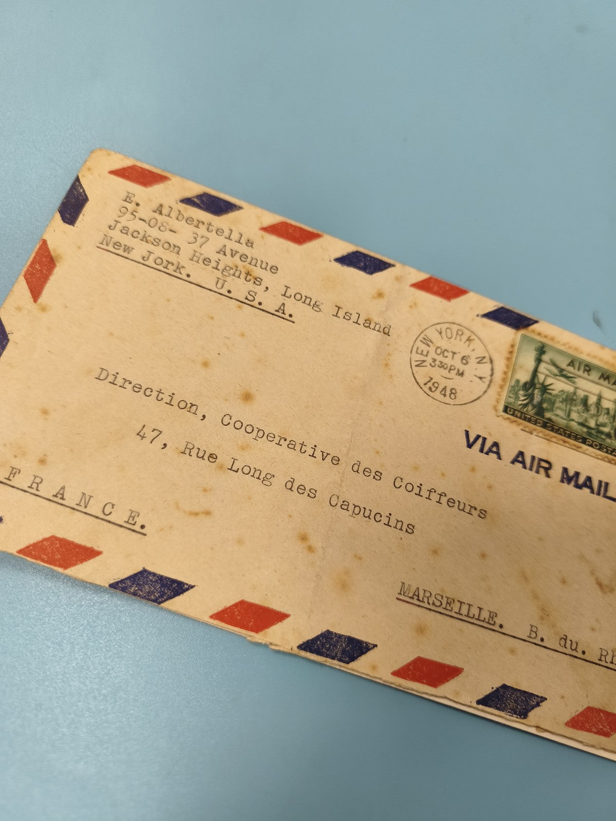Enveloppe FDC timbre premier jour d?émission Air Mail USA-France tricolore