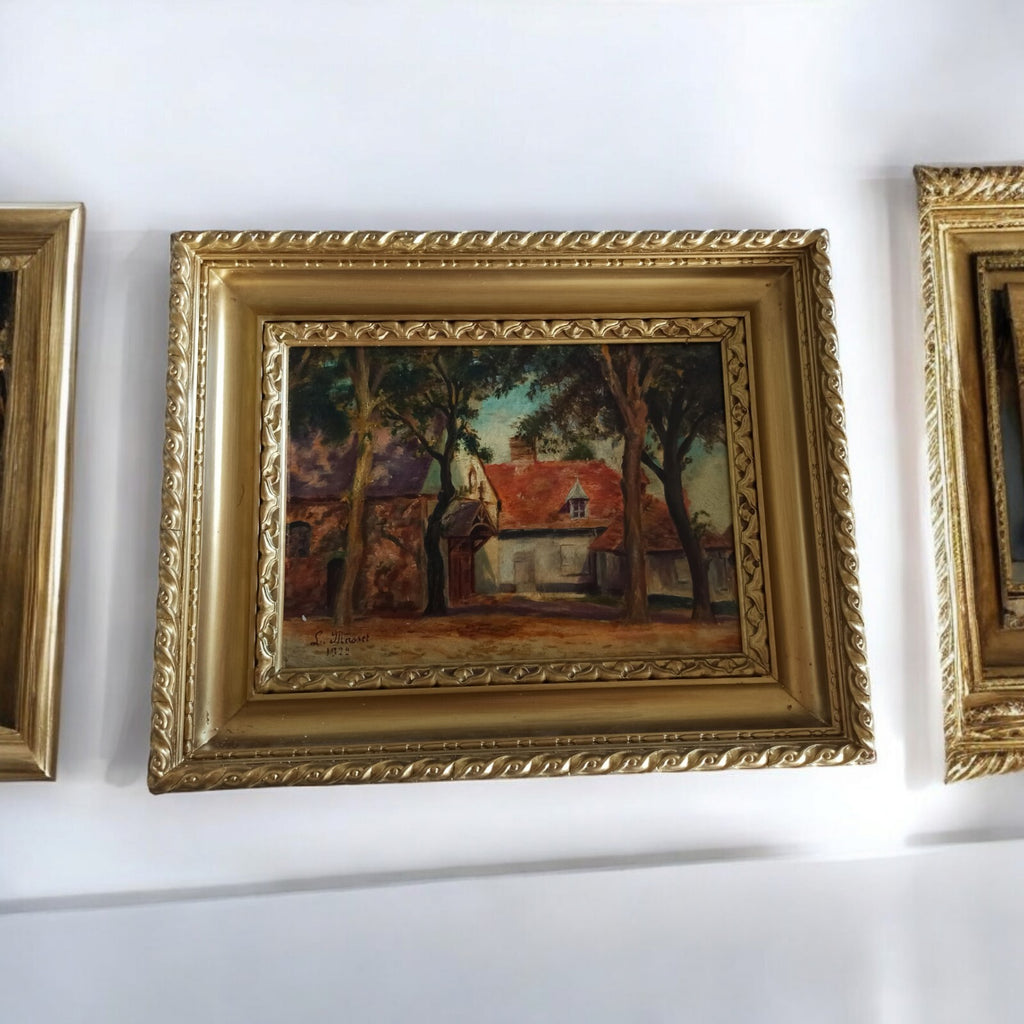 Peinture ancienne Laure Masset 1922 maison campagne cadre doré paysage