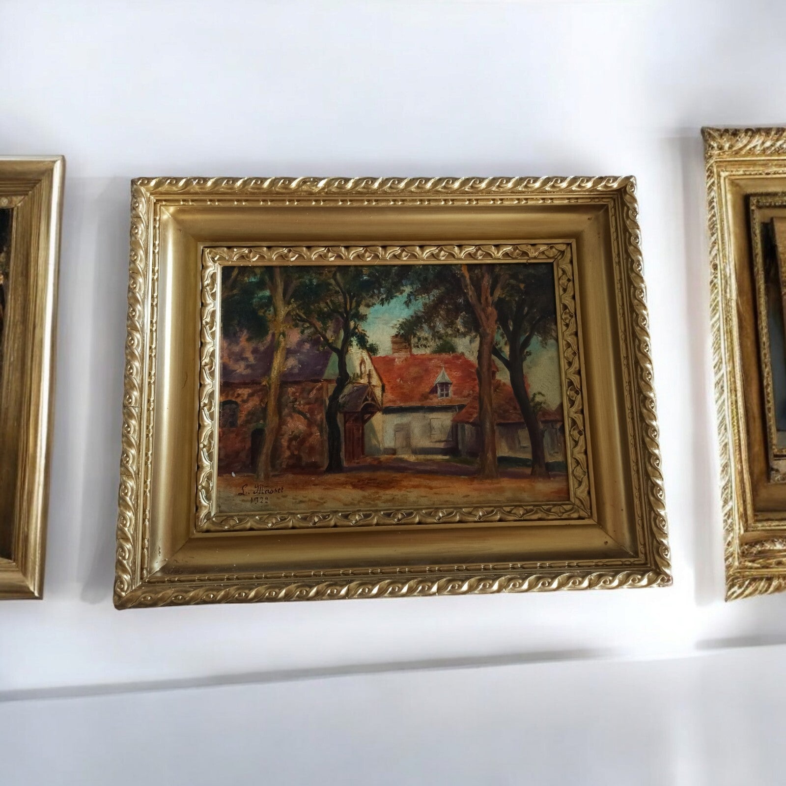 Peinture ancienne Laure Masset 1922 maison campagne cadre doré paysage