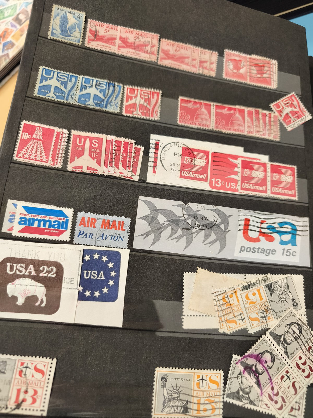 Lot anciens timbres oblitérés USA Air Mail vintage, collection philatélie