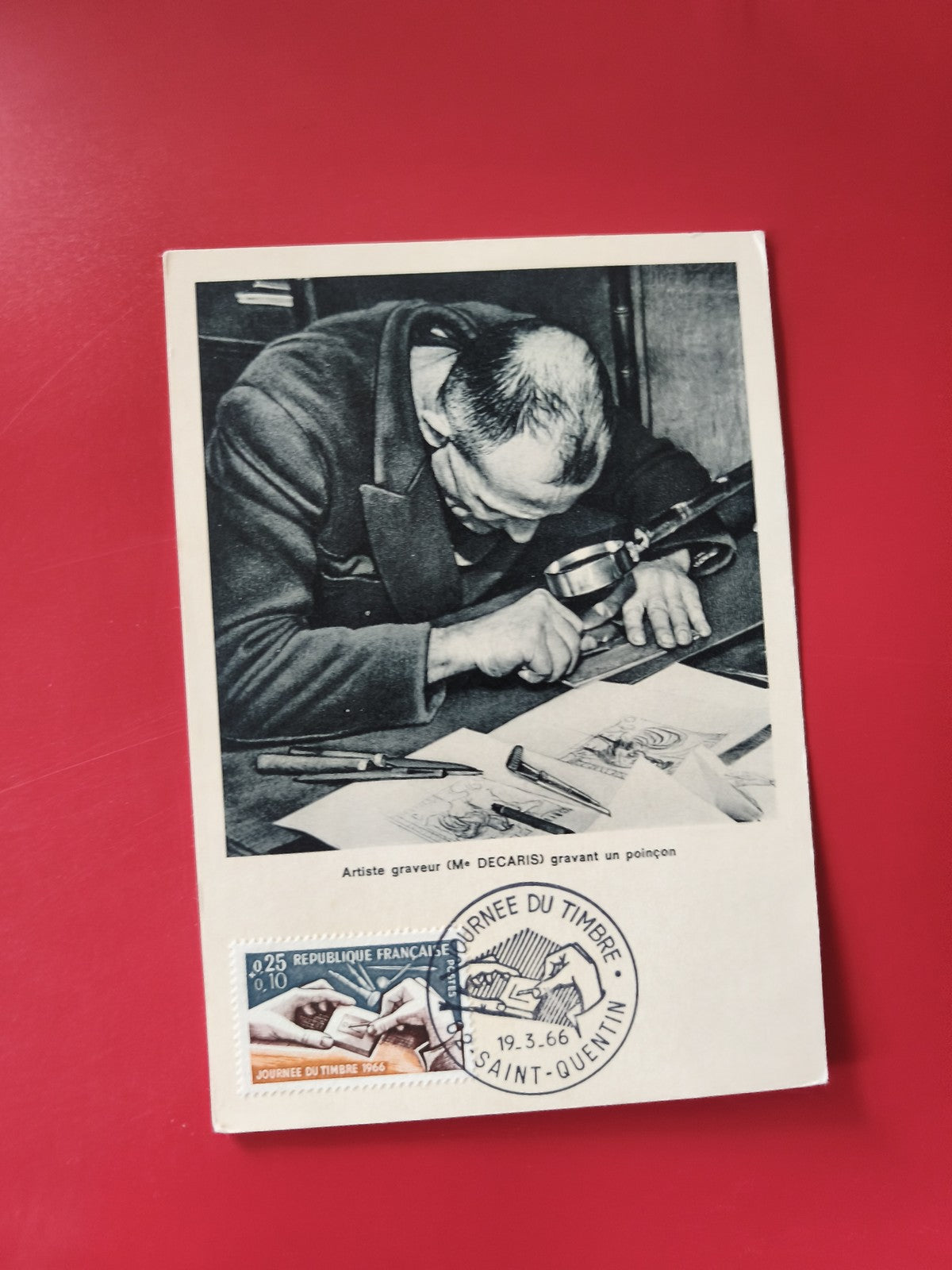 Carte postale philatélie Journée du Timbre 1966 Saint-Quentin oblitérée