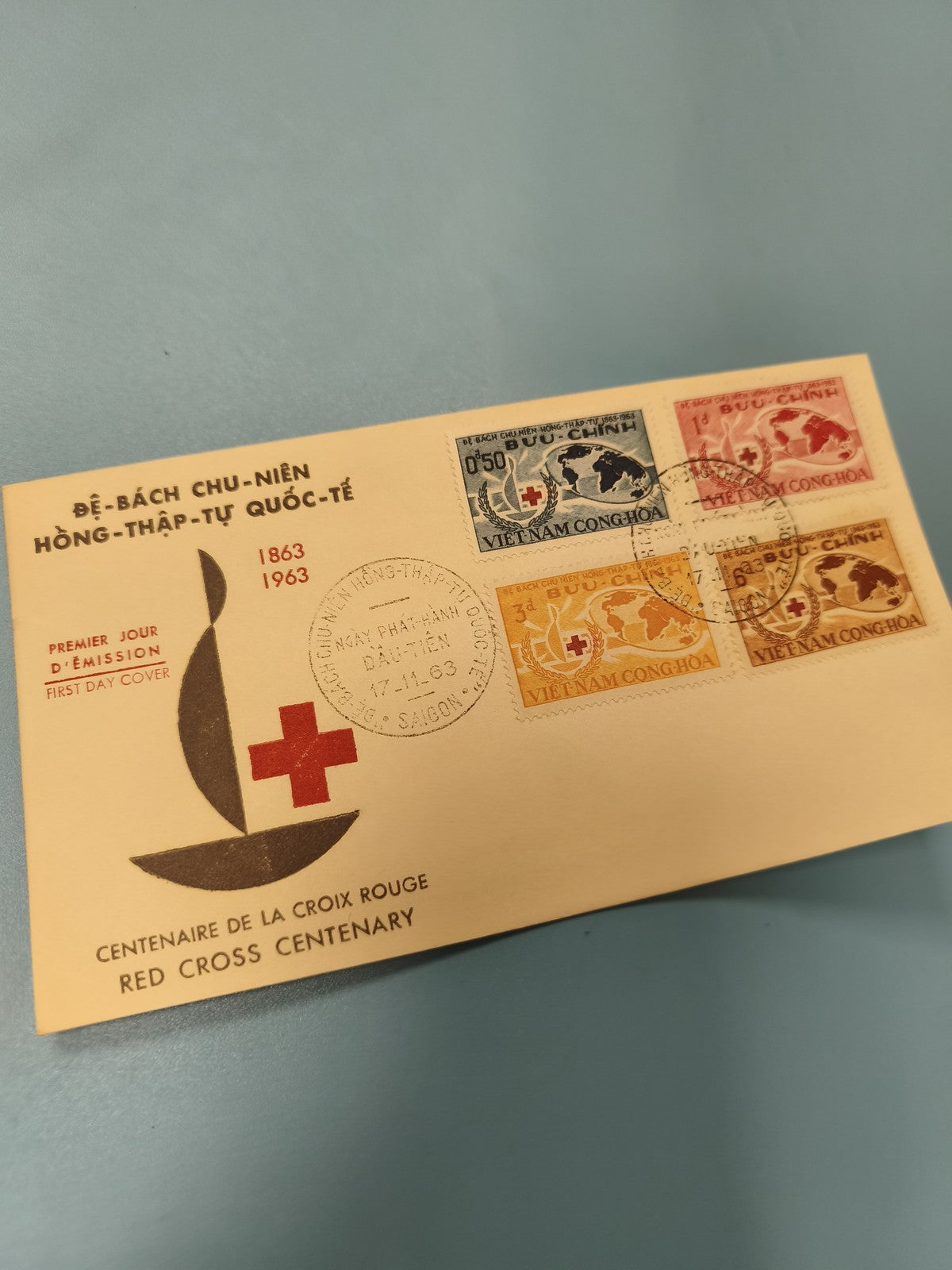 Ancienne enveloppe FDC Vietnam Croix-Rouge 1963, timbres colorés, collection
