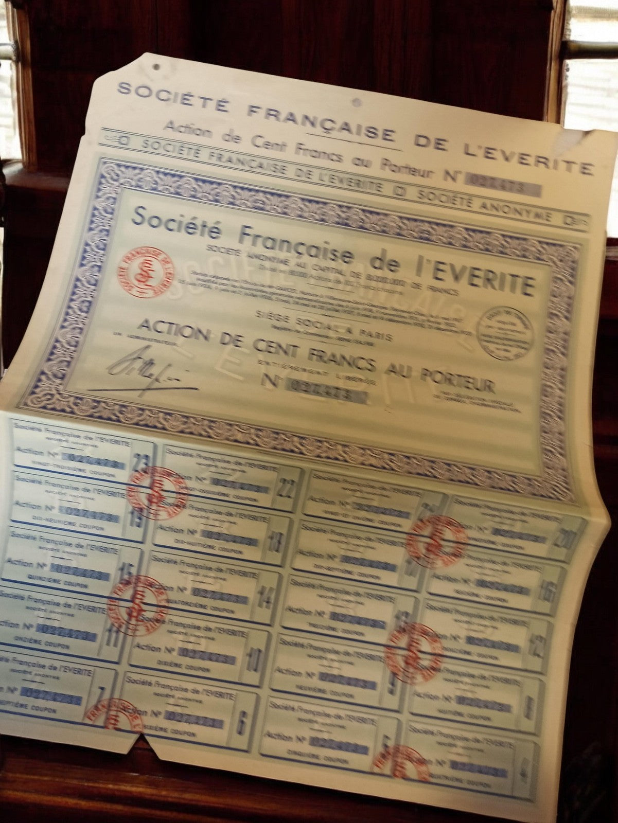 Action au porteur vintage années 1920 authentique, document ancien collection