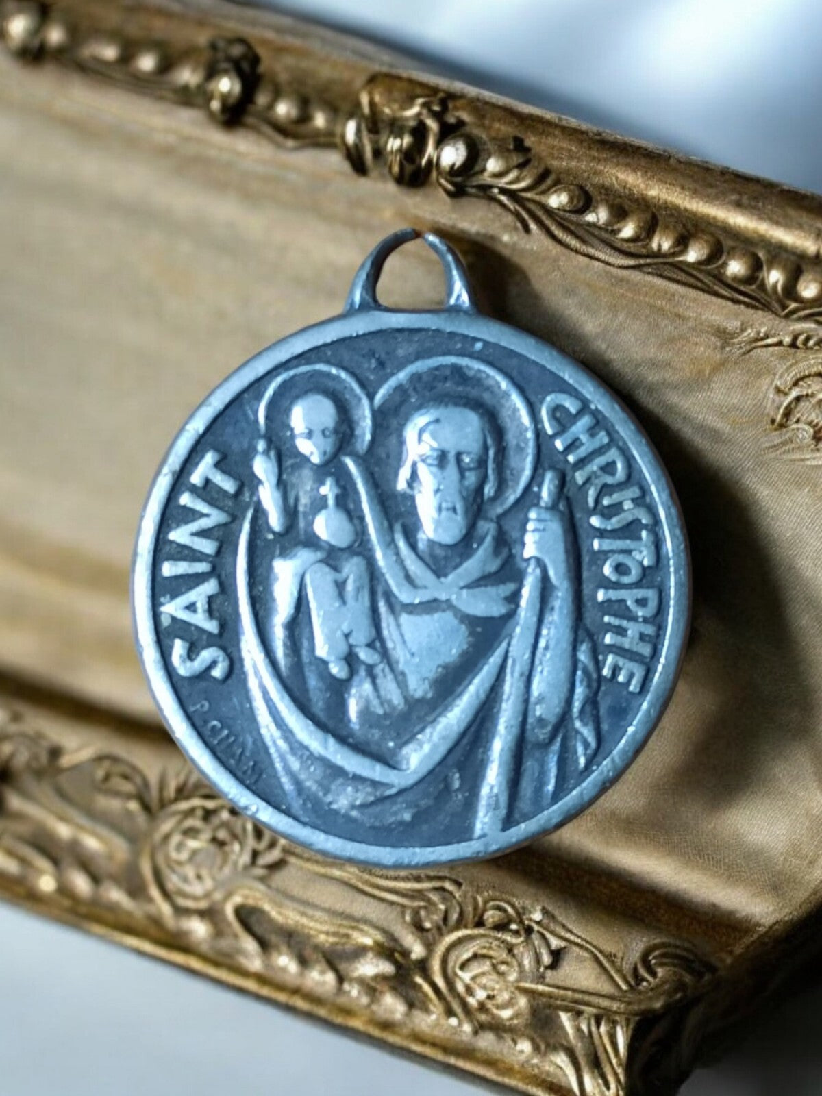 Médaille Saint Christophe vintage années 60, protection voyageurs, ronde relief
