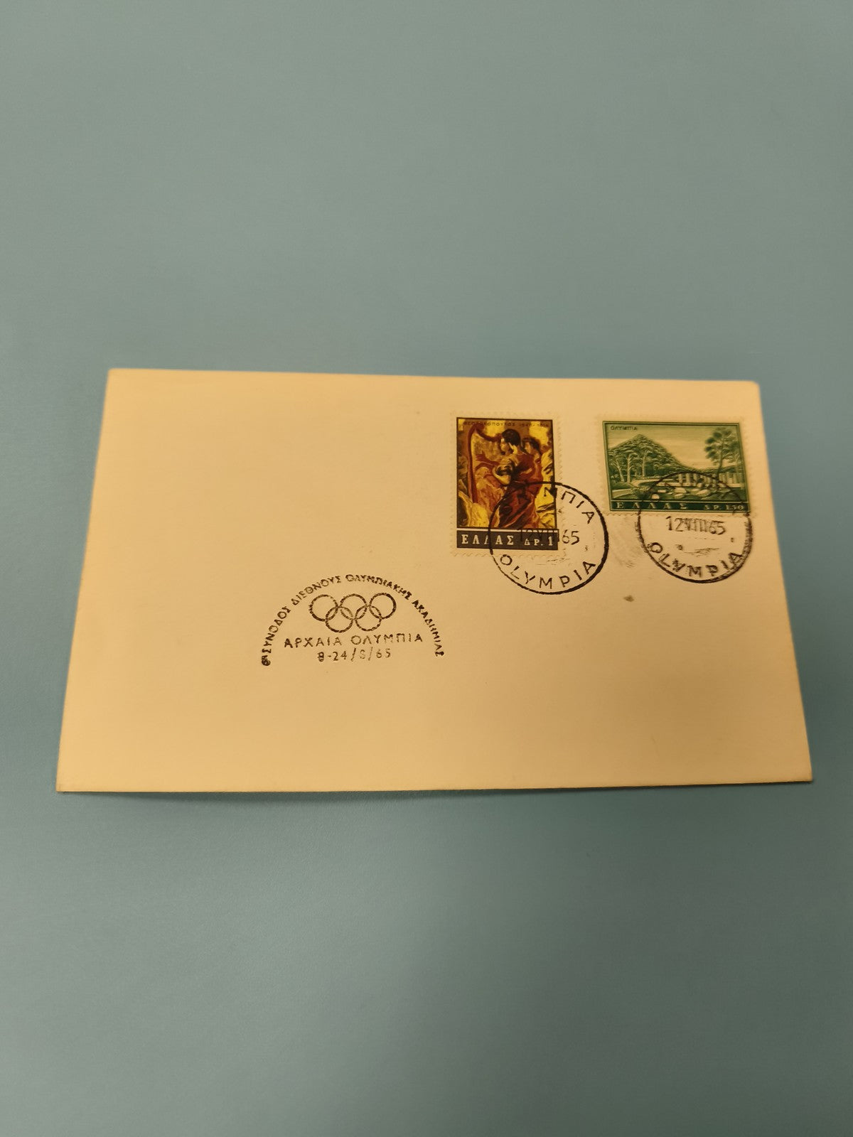 Enveloppe premier jour d'émission FDC timbres Olympie Grèce 1965 cachets visible