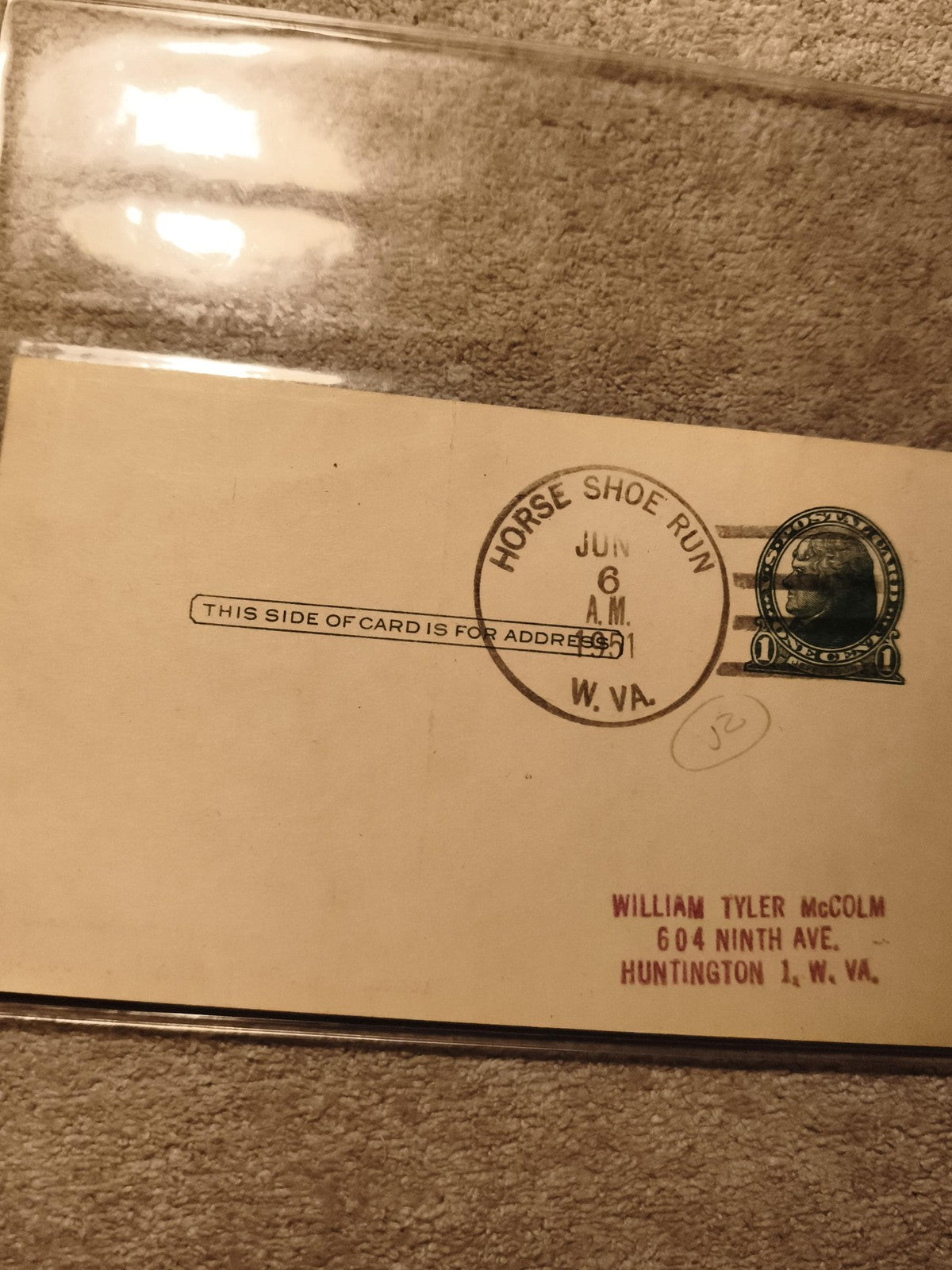 Carte postale USA oblitérée Horse Shoe Run W.Va, timbre 1c, McColm, philatélie