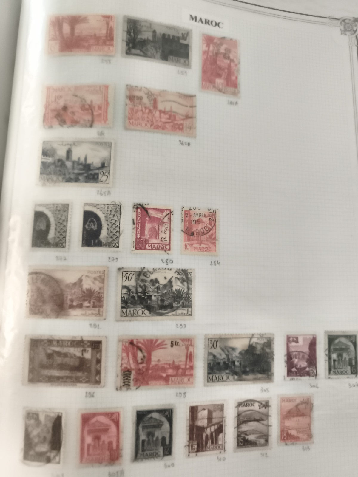 Timbres Maroc oblitérés, paysages, architecture, lot philatélie