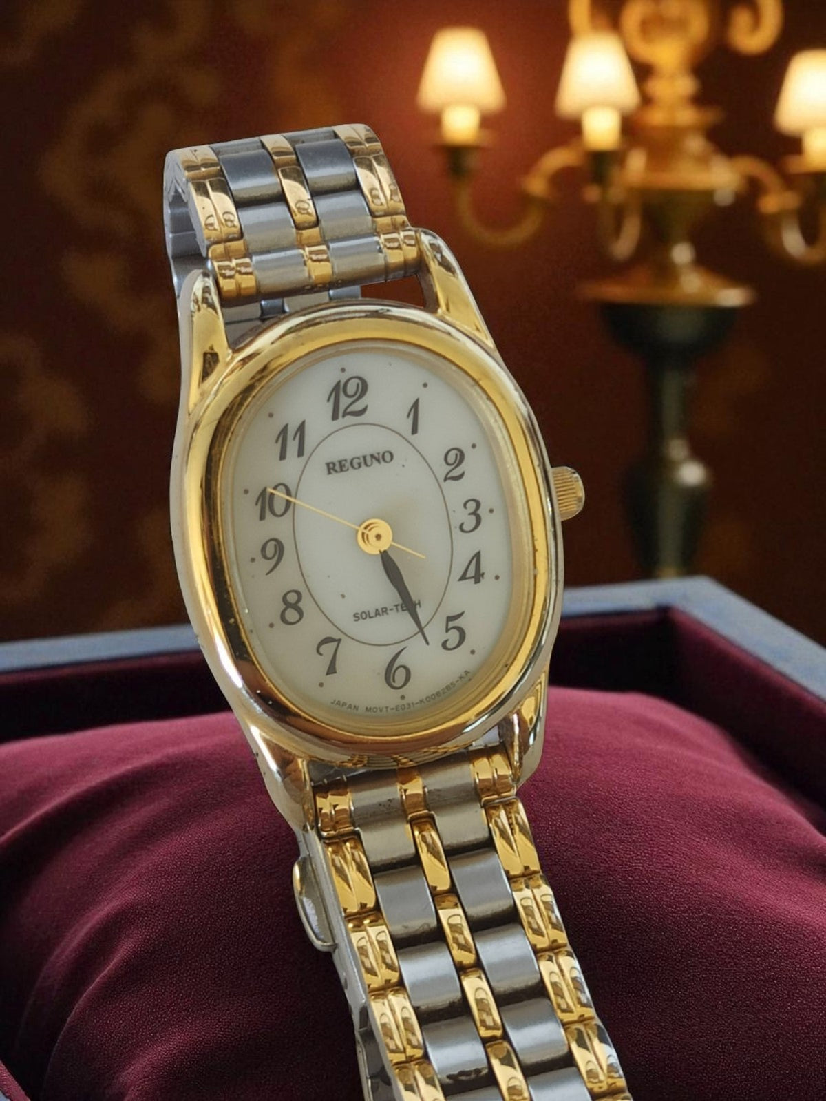 Montre femme Reguno Solar-Tech vintage, bicolore doré/argenté rétro, occasion