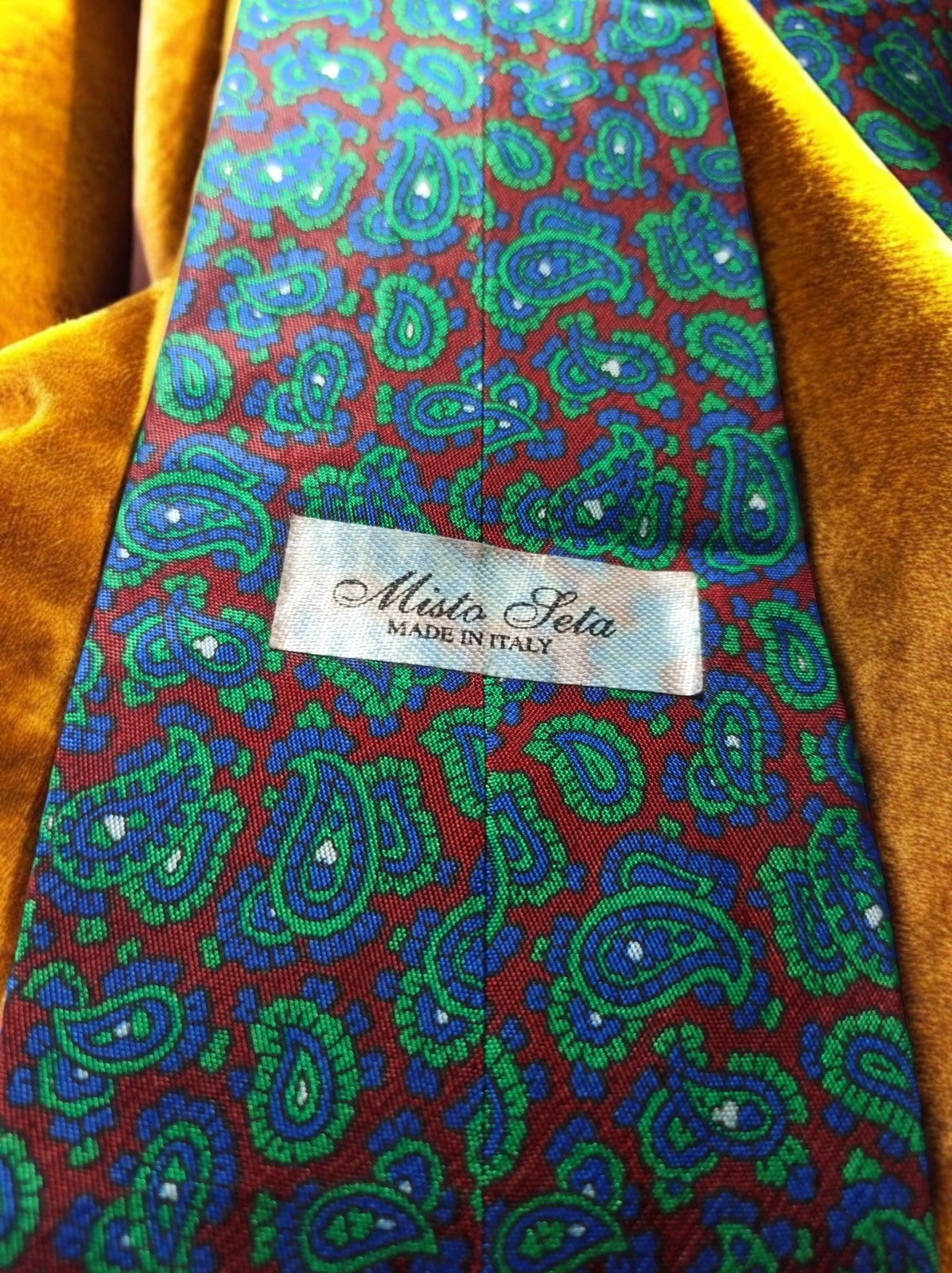 Cravate vintage Misto Leta motif cachemire bleu vert élégant rétro
