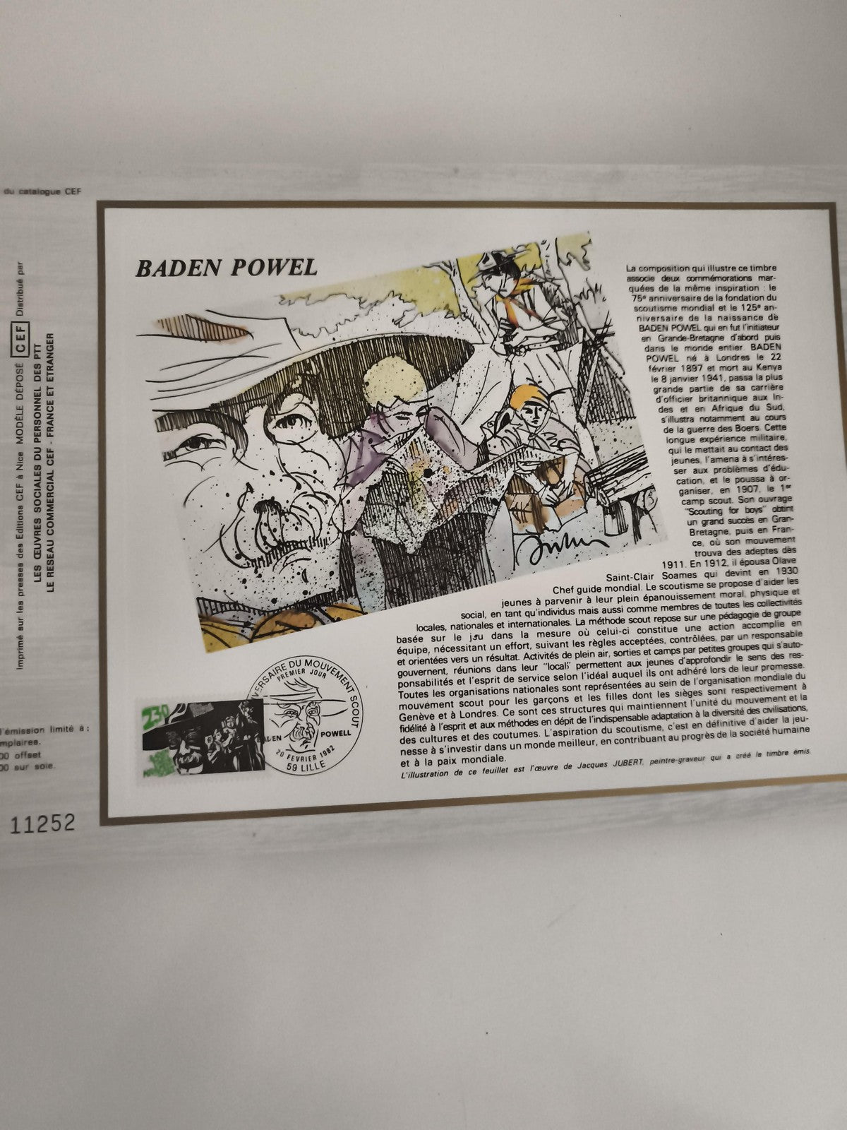 Feuillet CEF philatélie Baden Powell Scout commémoratif illustré FR